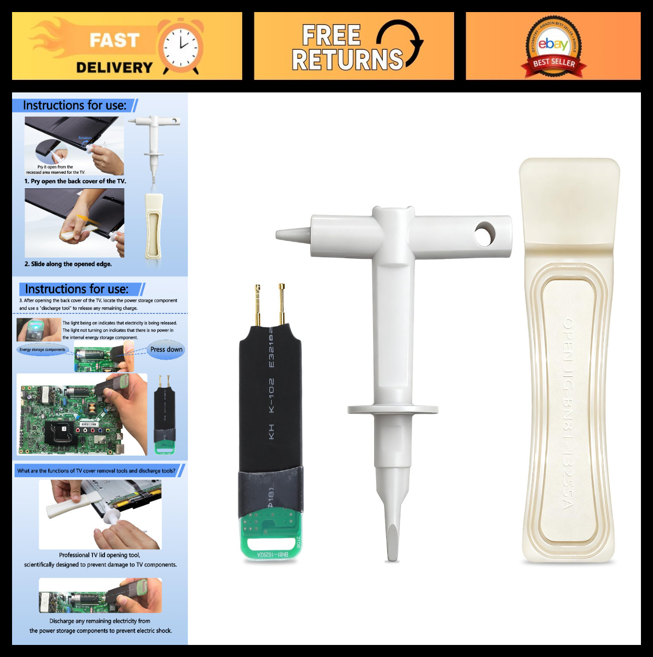 3 Pack TV Back Removal Tool Set - Discharge & Pry Tools for Screwless TVs