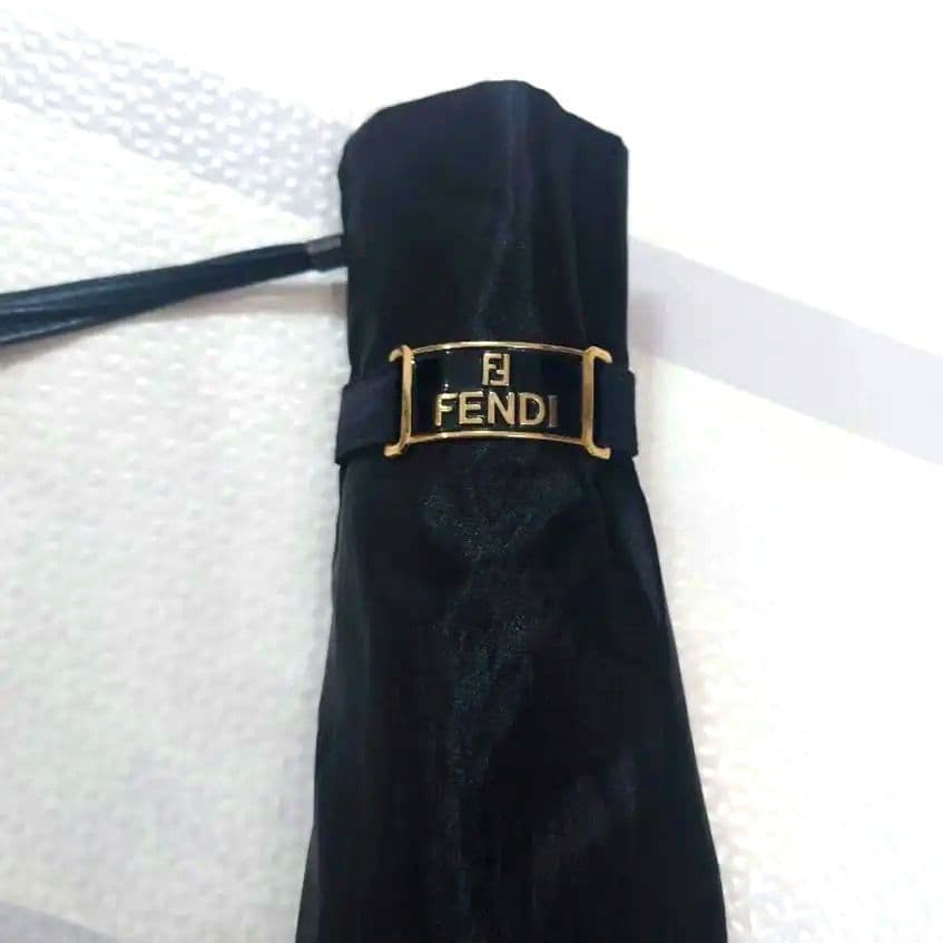 FENDI Zucca Umbrella 3Section Folding Rain Umbrella Black Gold Authentic
