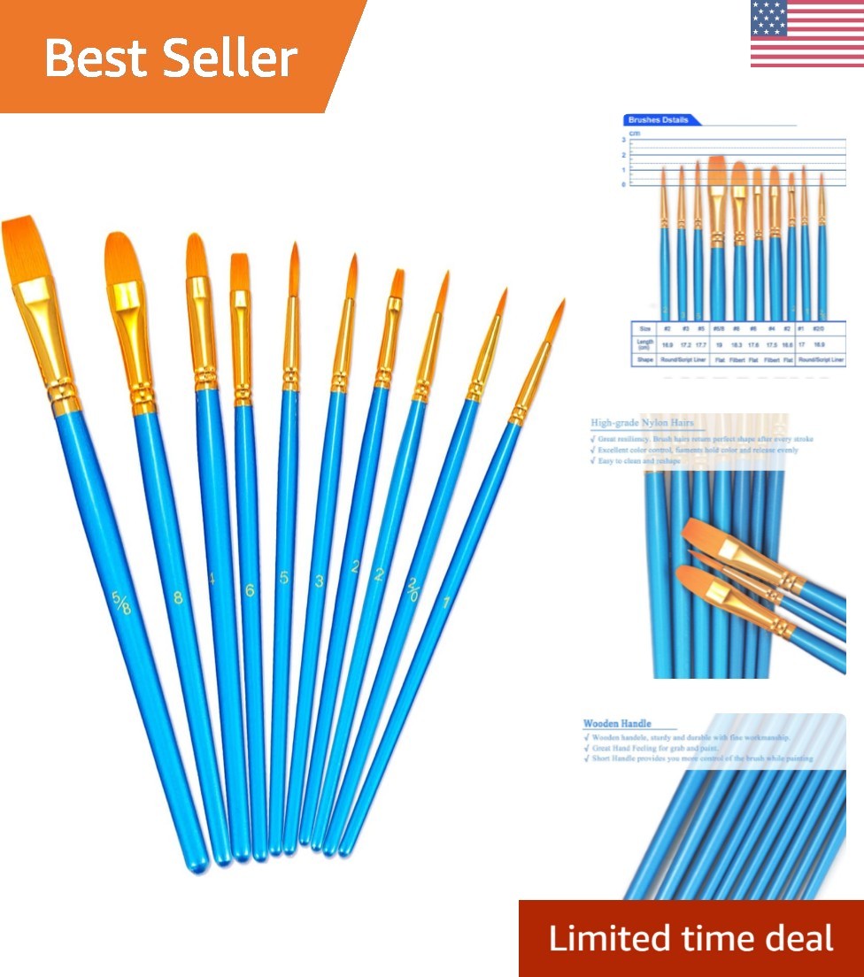 Blue Nylon Hair Paintbrush Set - 10 Sizes for Acrylic and Watercolor Painting