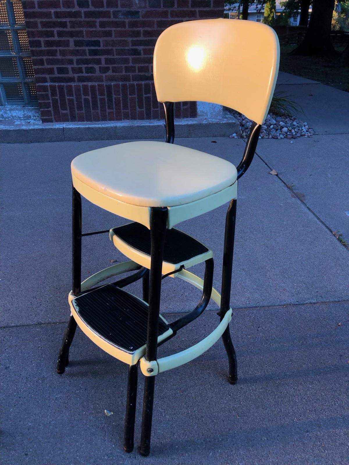 Vintage COSCO Vinyl Metal Two Step Stool Chair Pullout MCM Canary Yellow