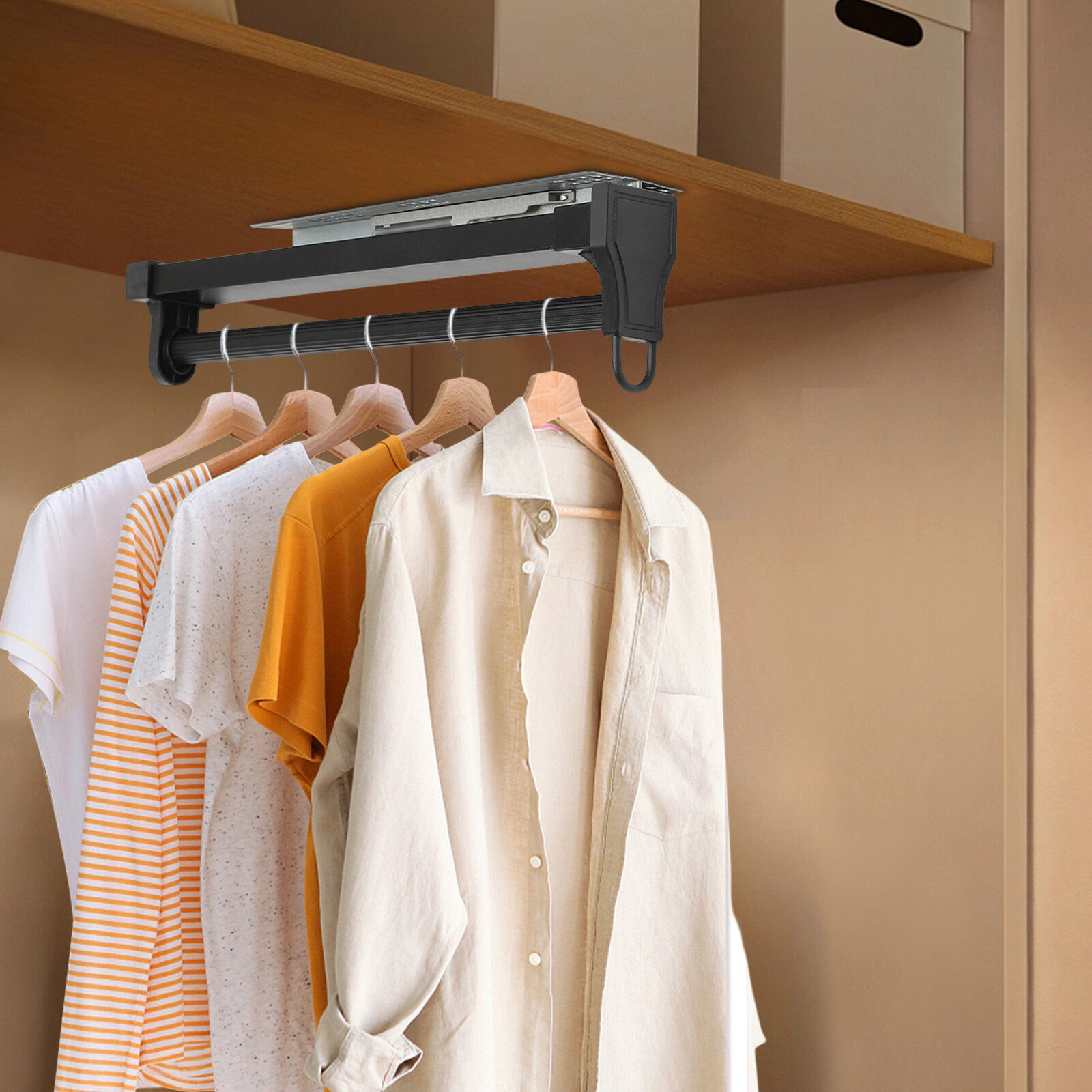 Pull Out Clothes Hanger Rod Adjustable Wardrobe Clothing Rail Hanger Rack Black