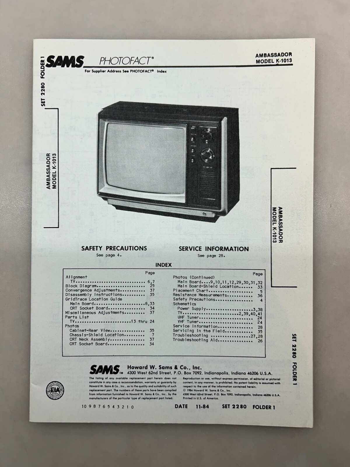 Ambassador K-1013 Service Manual Sams Photofact Free Shipping