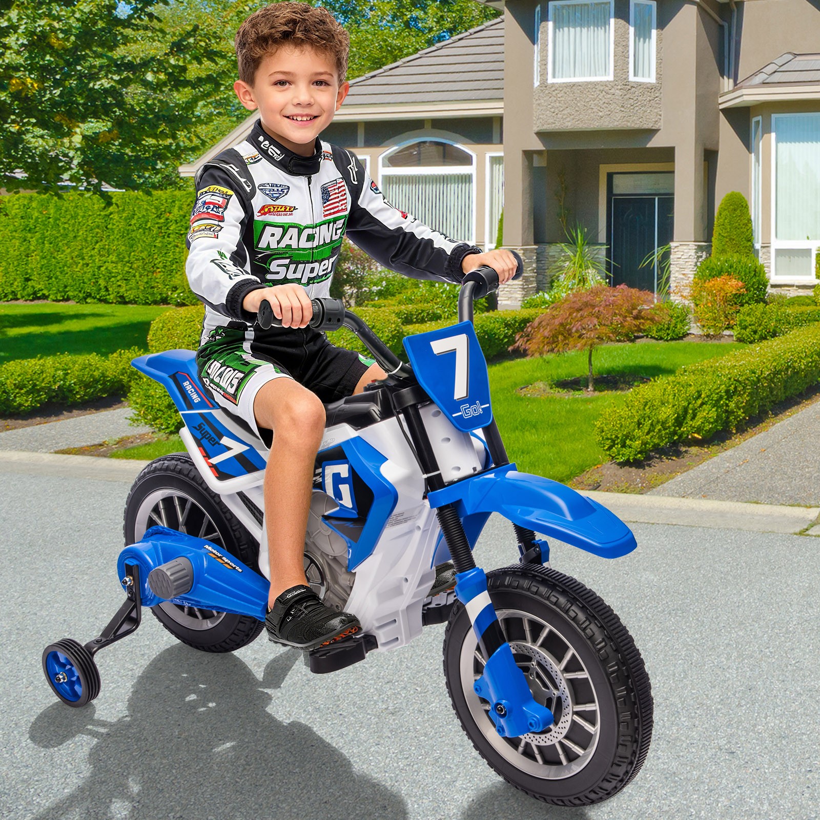 Electric 12V Blue Kids Ride On Motorcycle Bike Motorbike w/ Training Wheels