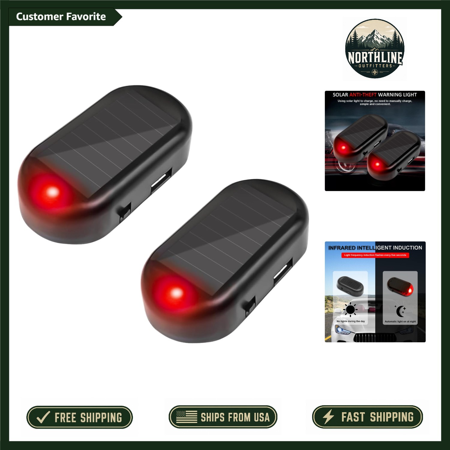 2PCS USB Rechargeable Solar Alarm Lights - Durable Car Security Solution in Red