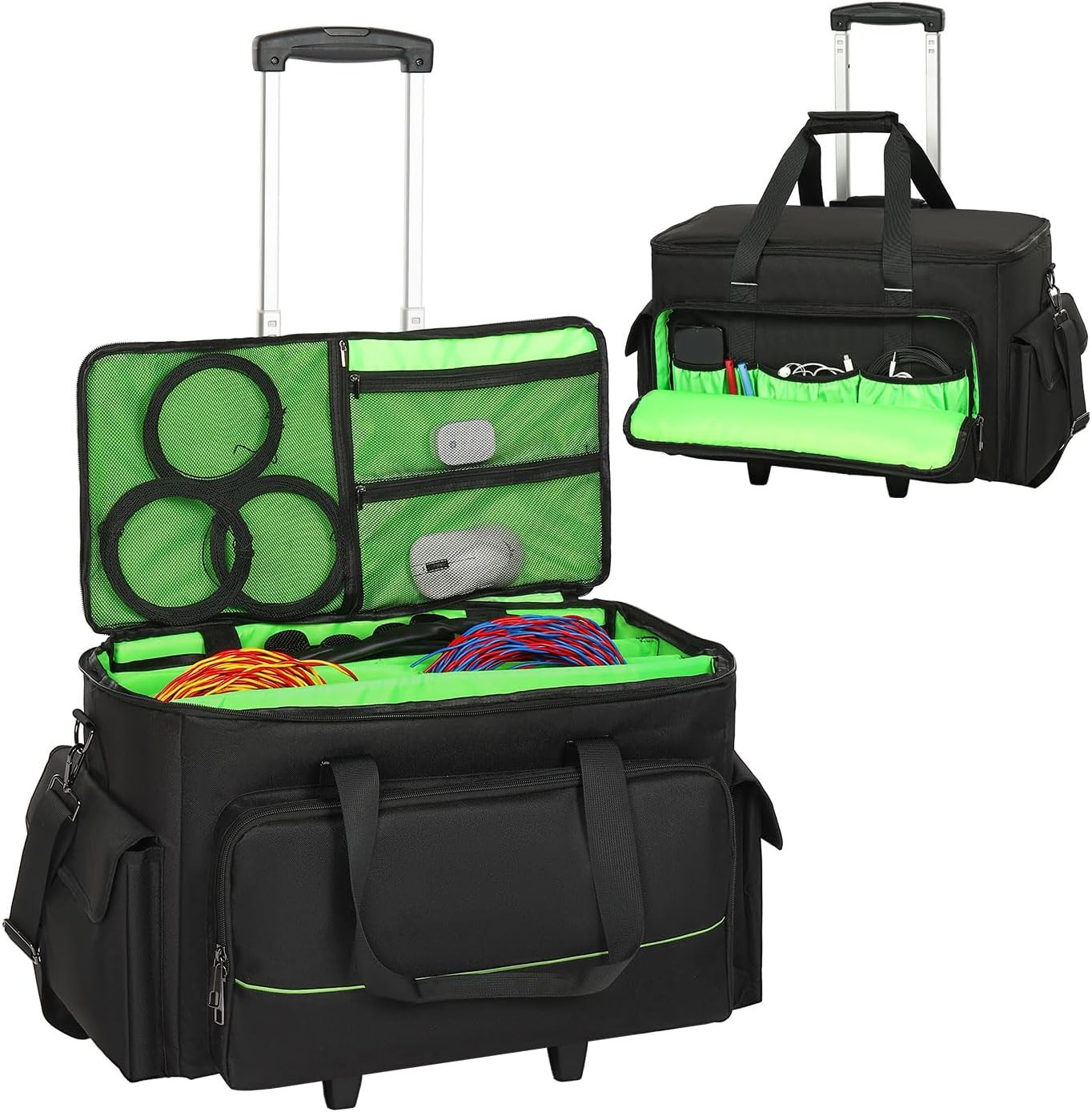 Large Rolling DJ Cable Bag, Green Padded Gig Bag with Detachable Trolley & Divid