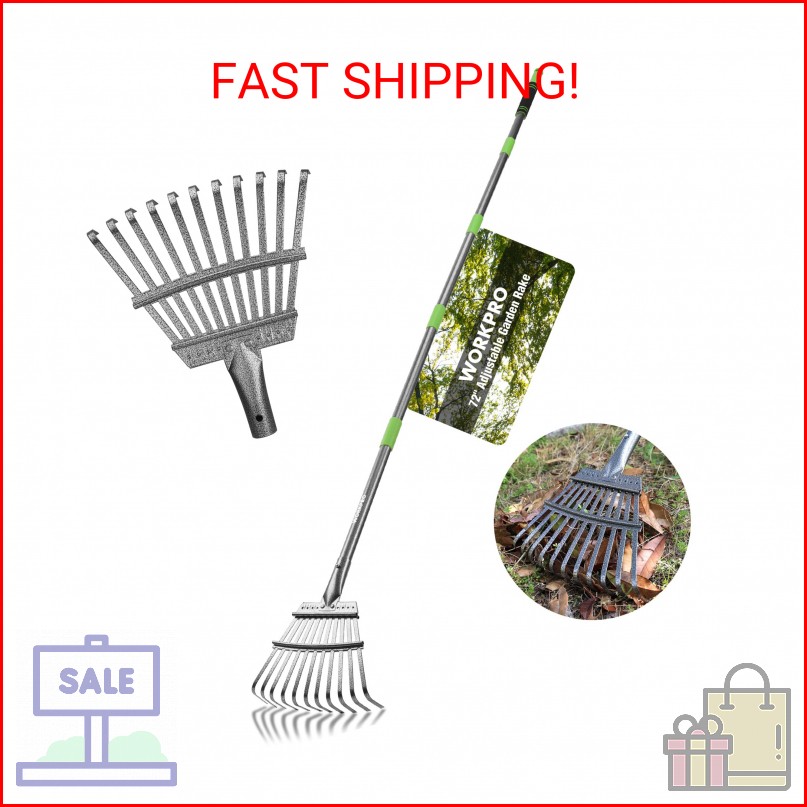 WORKPRO Rake, Small Rake for Leaves with 72” Adjustable Long Handle, 11 Steel Ti