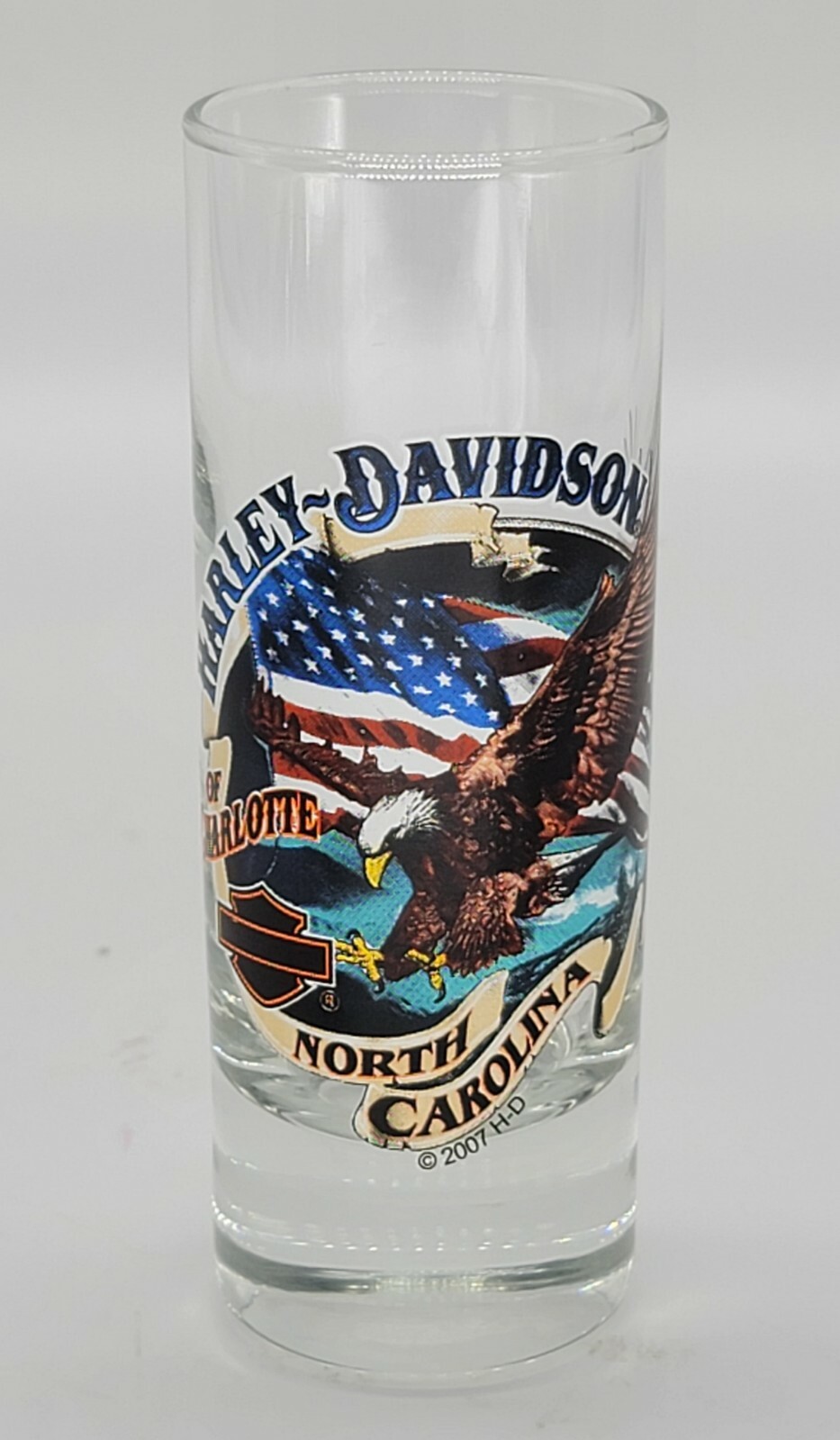 RARE Harley Davidson Tall Shot Glass Charlotte, North Carolina VHTF 2007 - 70