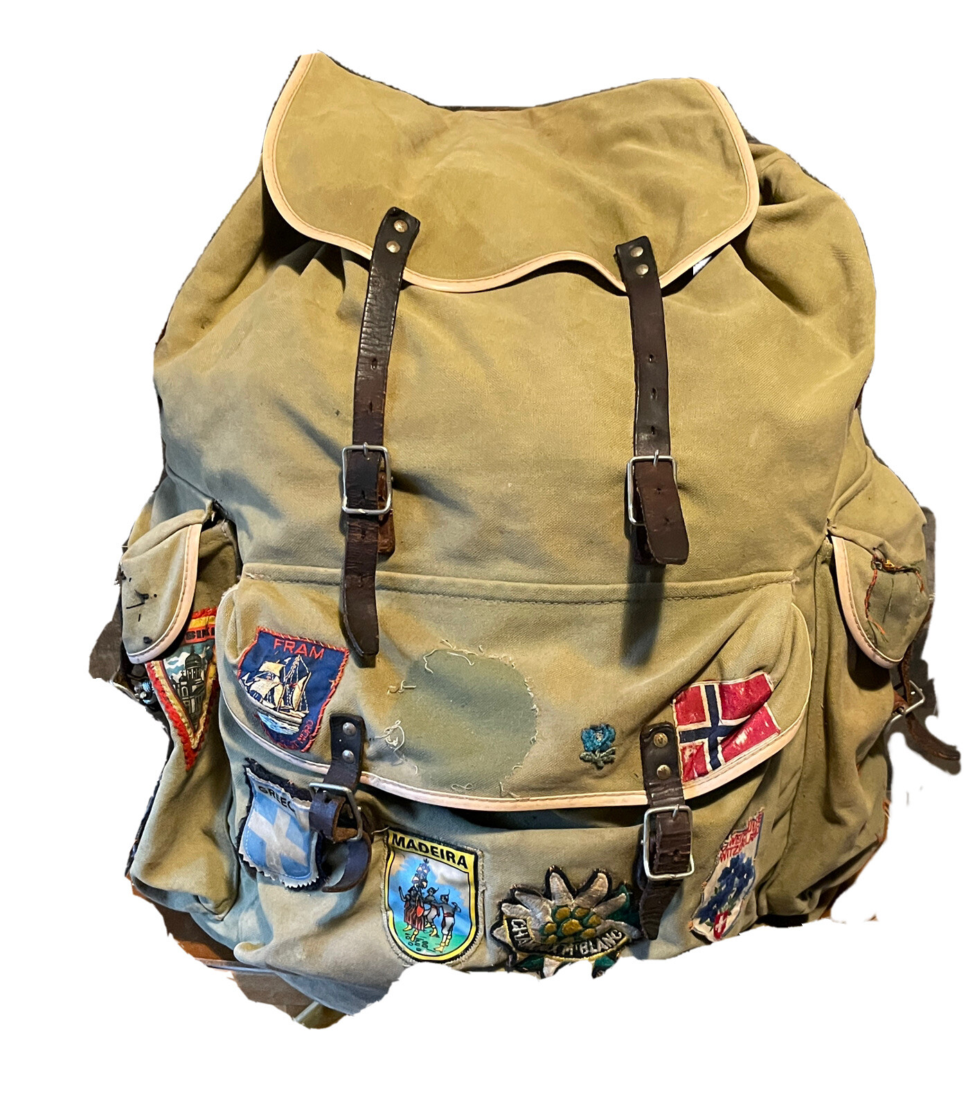 VINTAGE CANVAS RUCKSACK BACKPACK WITH FRAME TRAVEL PATCHES￼ Military?