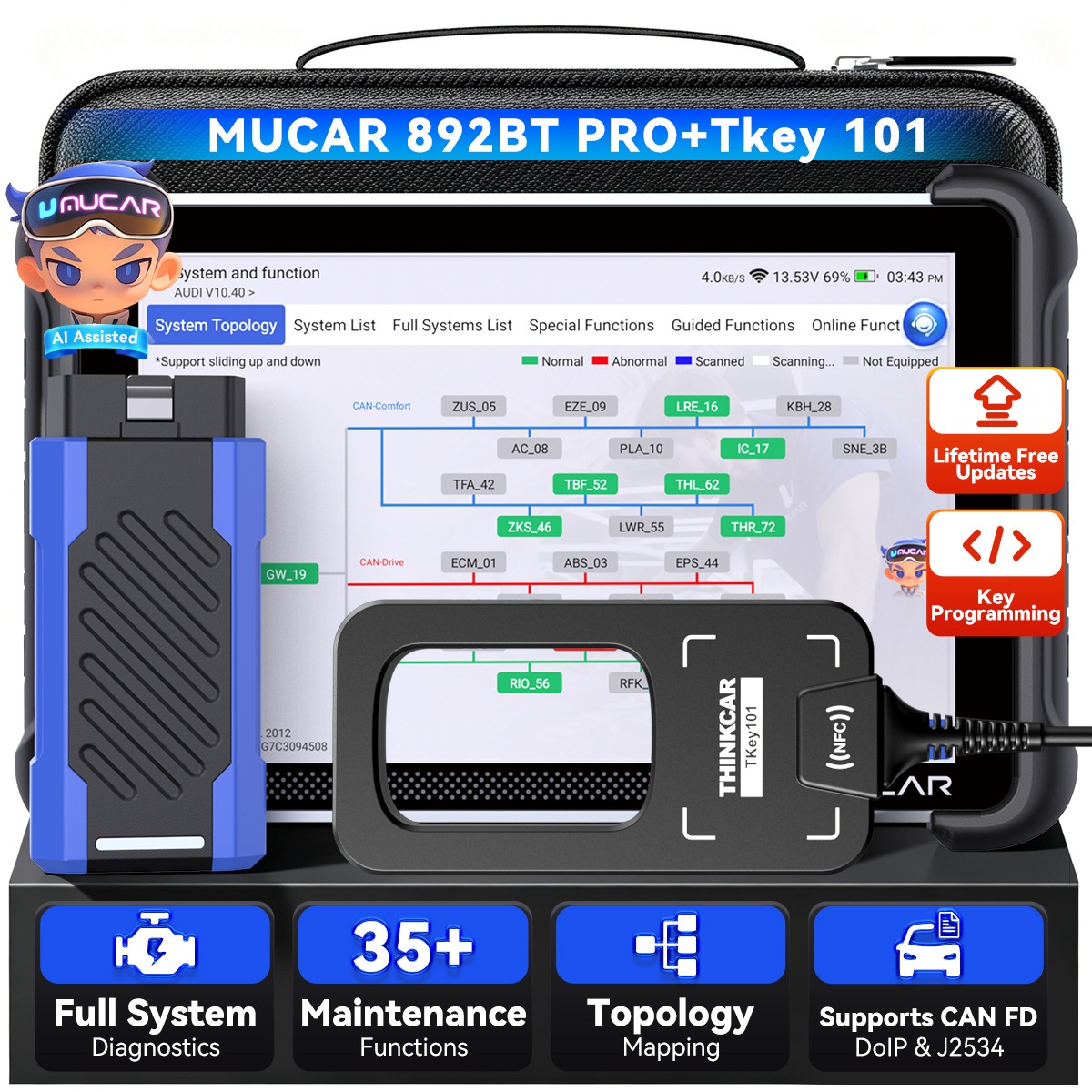 MUCAR 892BT PRO AI Topology Map OBD2 Car Diagnostic Scanner w/Thinkcar Tkey101