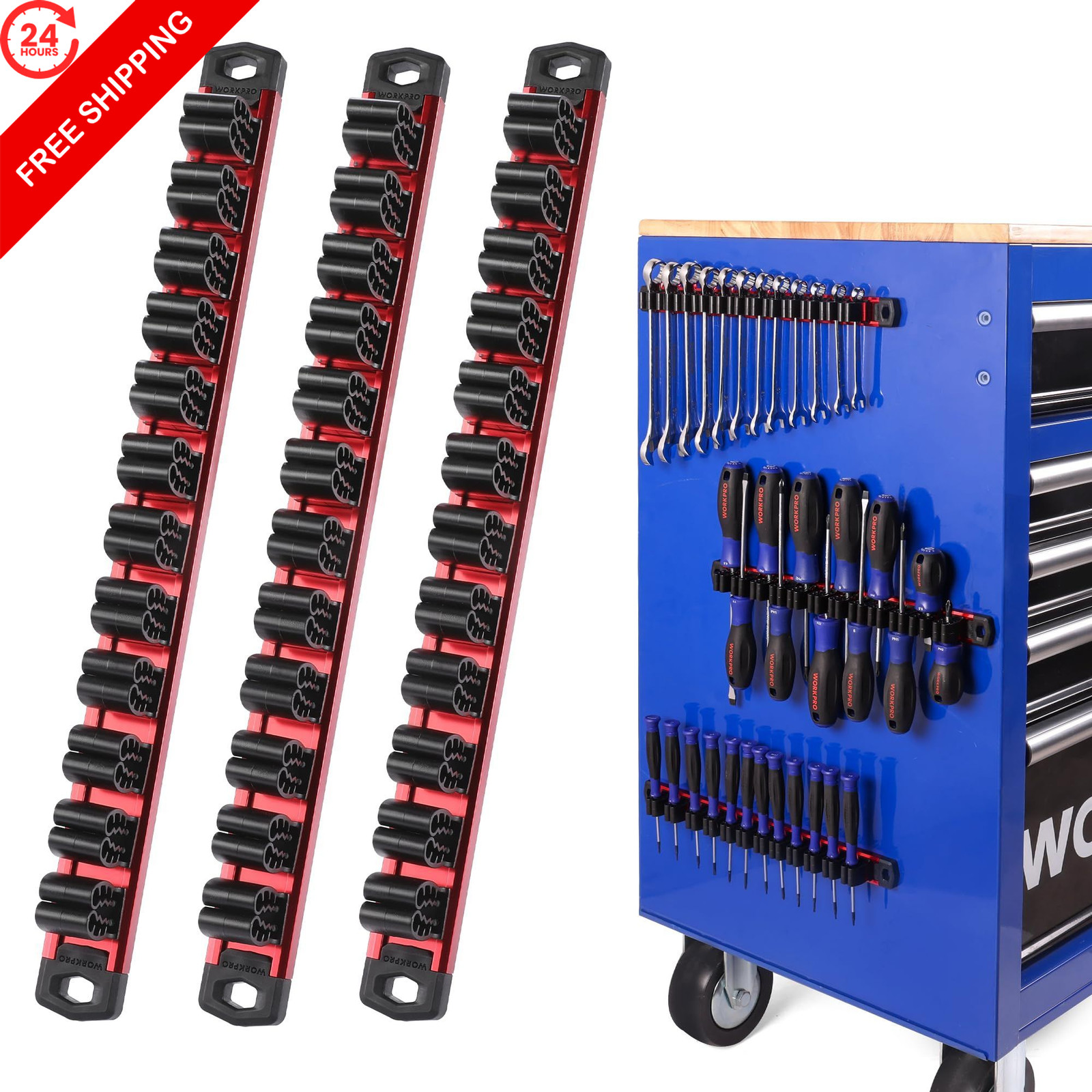 WORKPRO Magnetic Screwdriver and Wrench Organizer Set, 36-Slot 3 Pack, Red