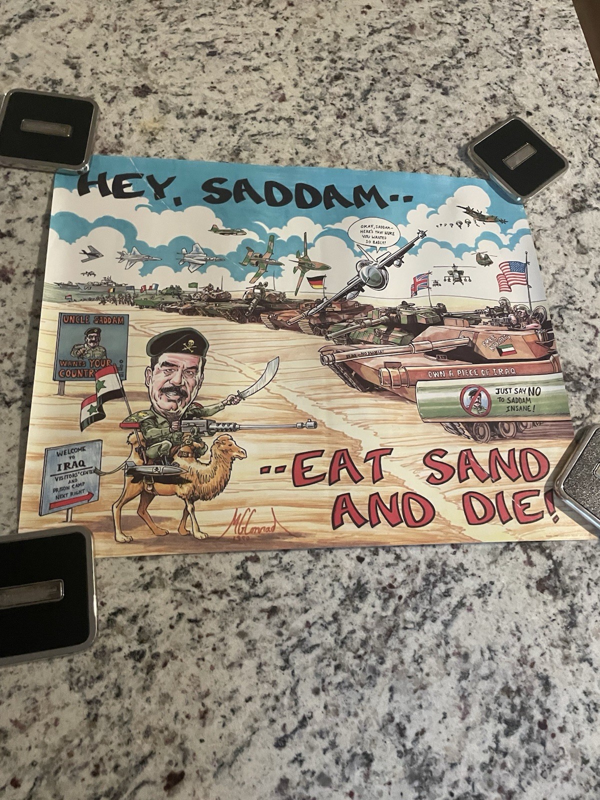 Military Poster Hey Saddam Eat Sand And Die! 1990 Art Print Size 16” X 20”