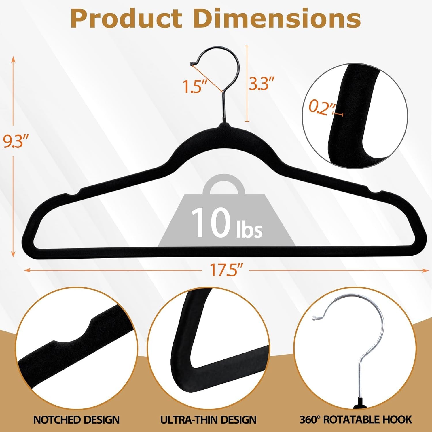 Premium Clothes Hanger Slim Non-Slip Notched for Suits - Black (100 Pack)