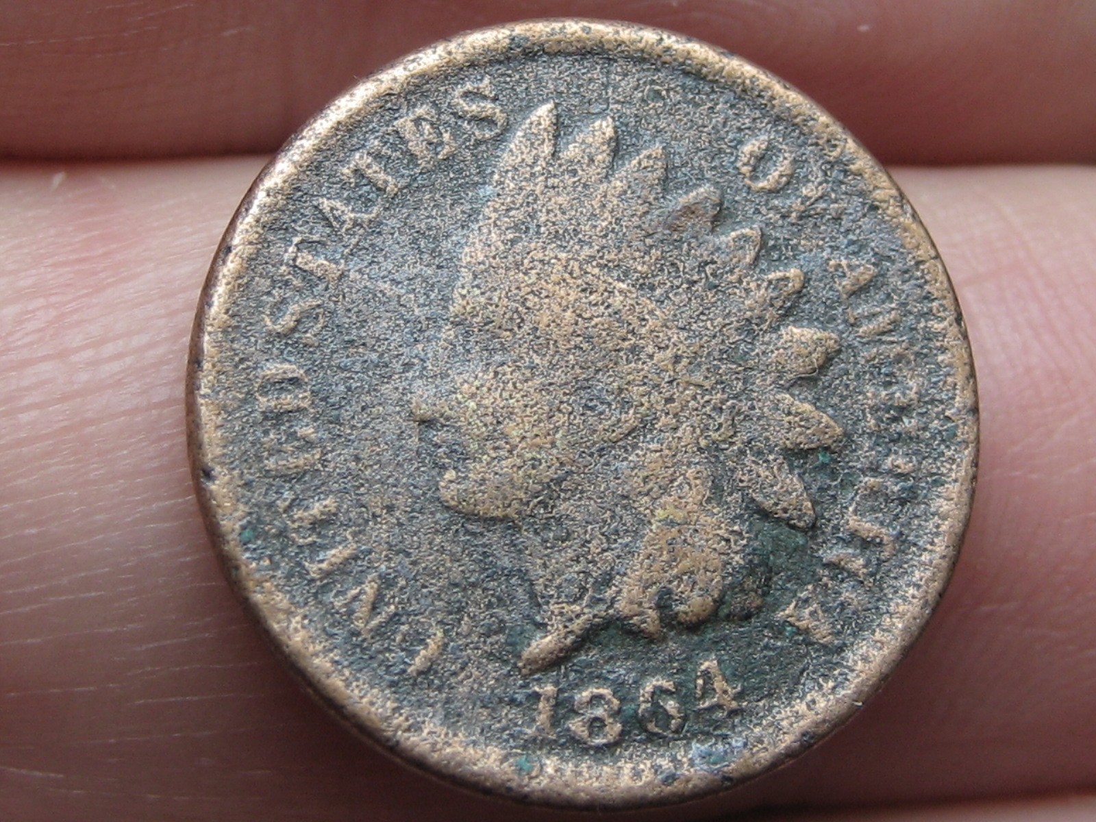 1864 Bronze Indian Head Cent Penny- No L, Rounded Bust, Good/VG Details