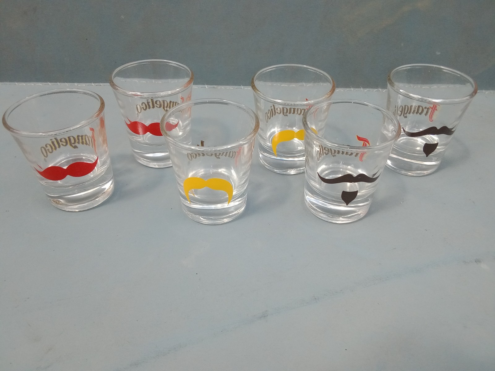 Frangelico Shot Glasses Set Of 6  Red Yel Blk Mustaches Unique Barware