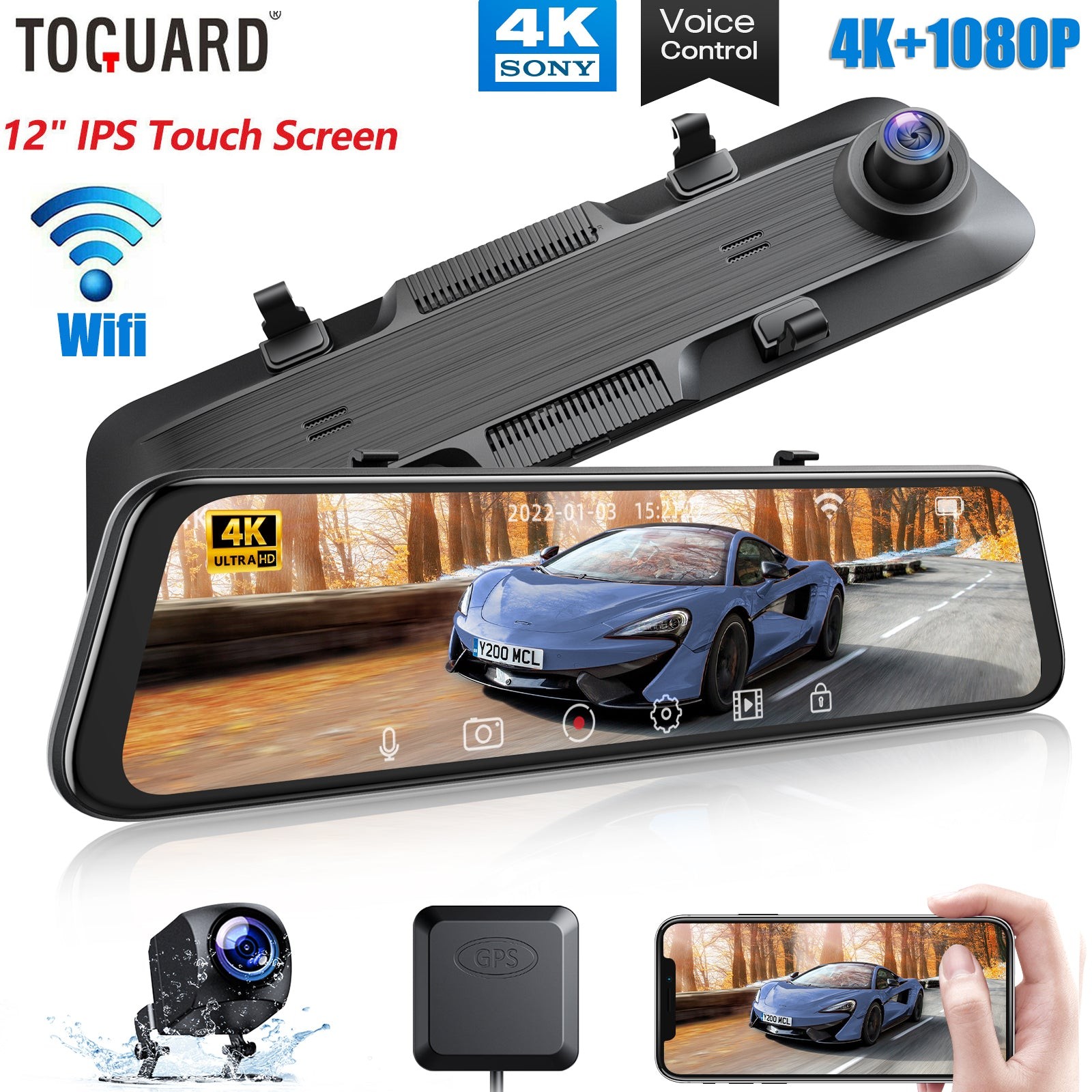 12" WiFi 4K Touch Screen Mirror Dash Cam Front Rear Car Security Camera GPS