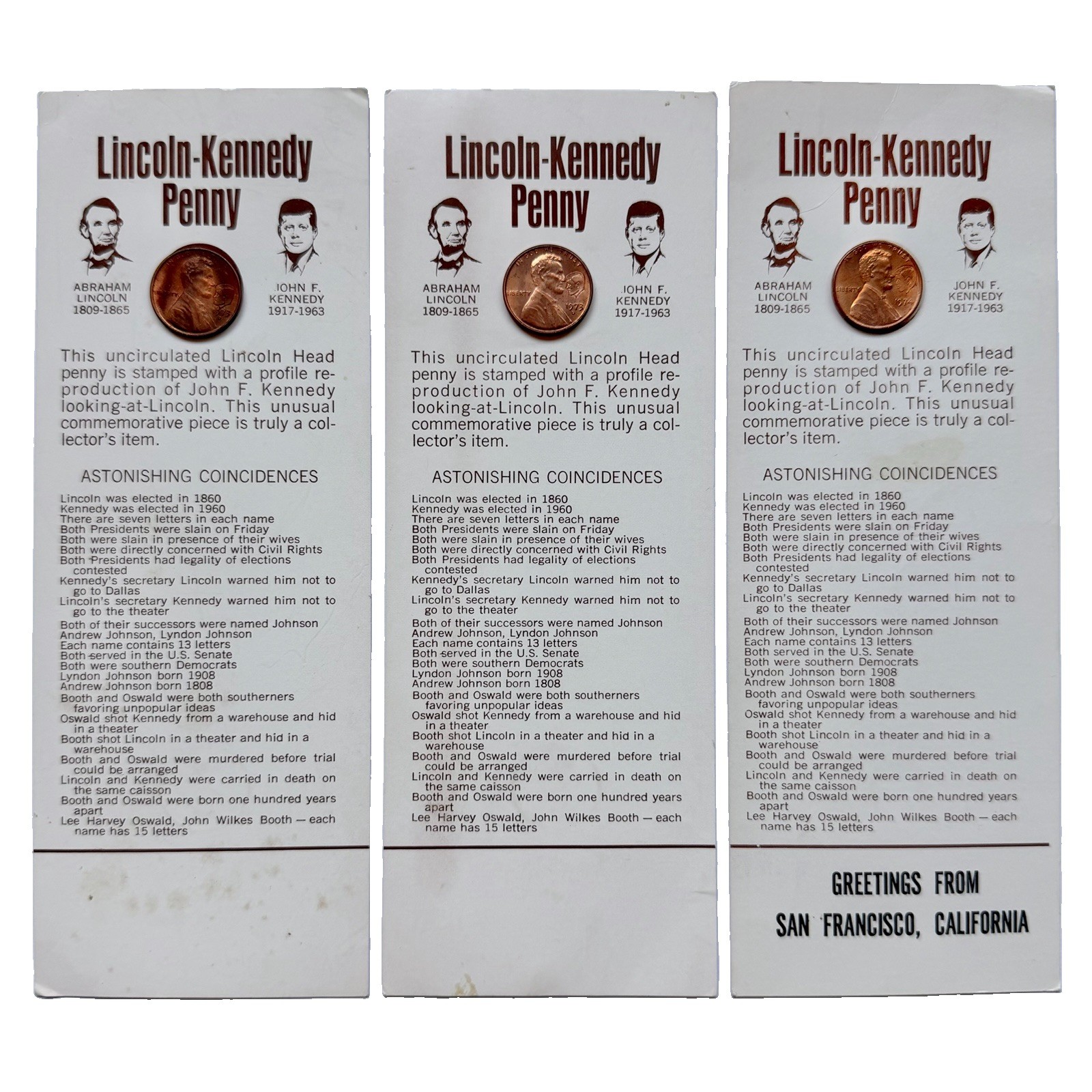 Lincoln Kennedy Penny Card Set of 3 Astonishing Coincidences Counter Stamped