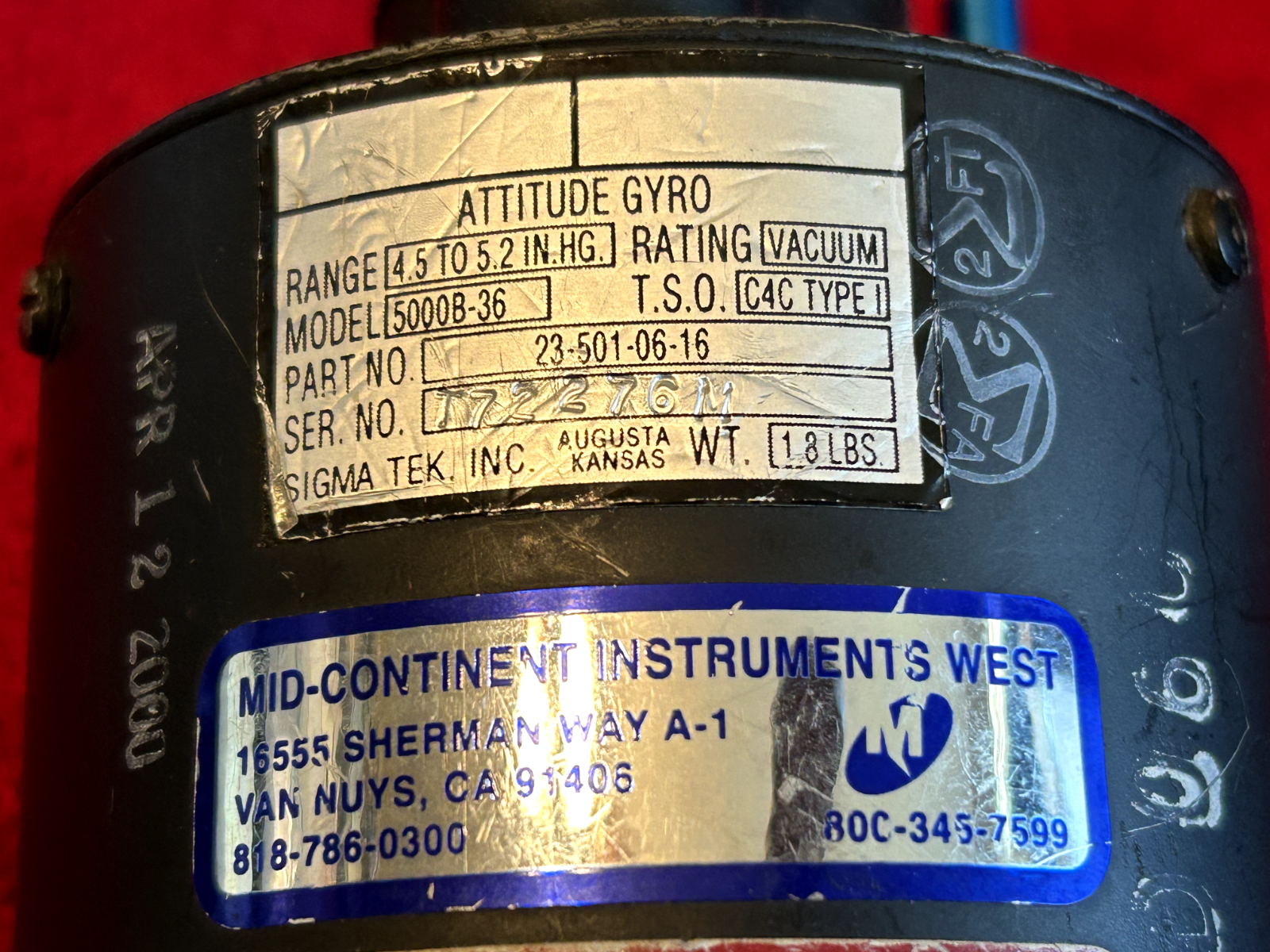 SIGMA TEK 5000B-36 ATTITUDE GYRO INDICATOR P/N 23-501-06-16 CORE