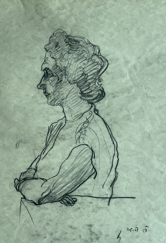 Expressive Austrian school drawing female Portrait 1953