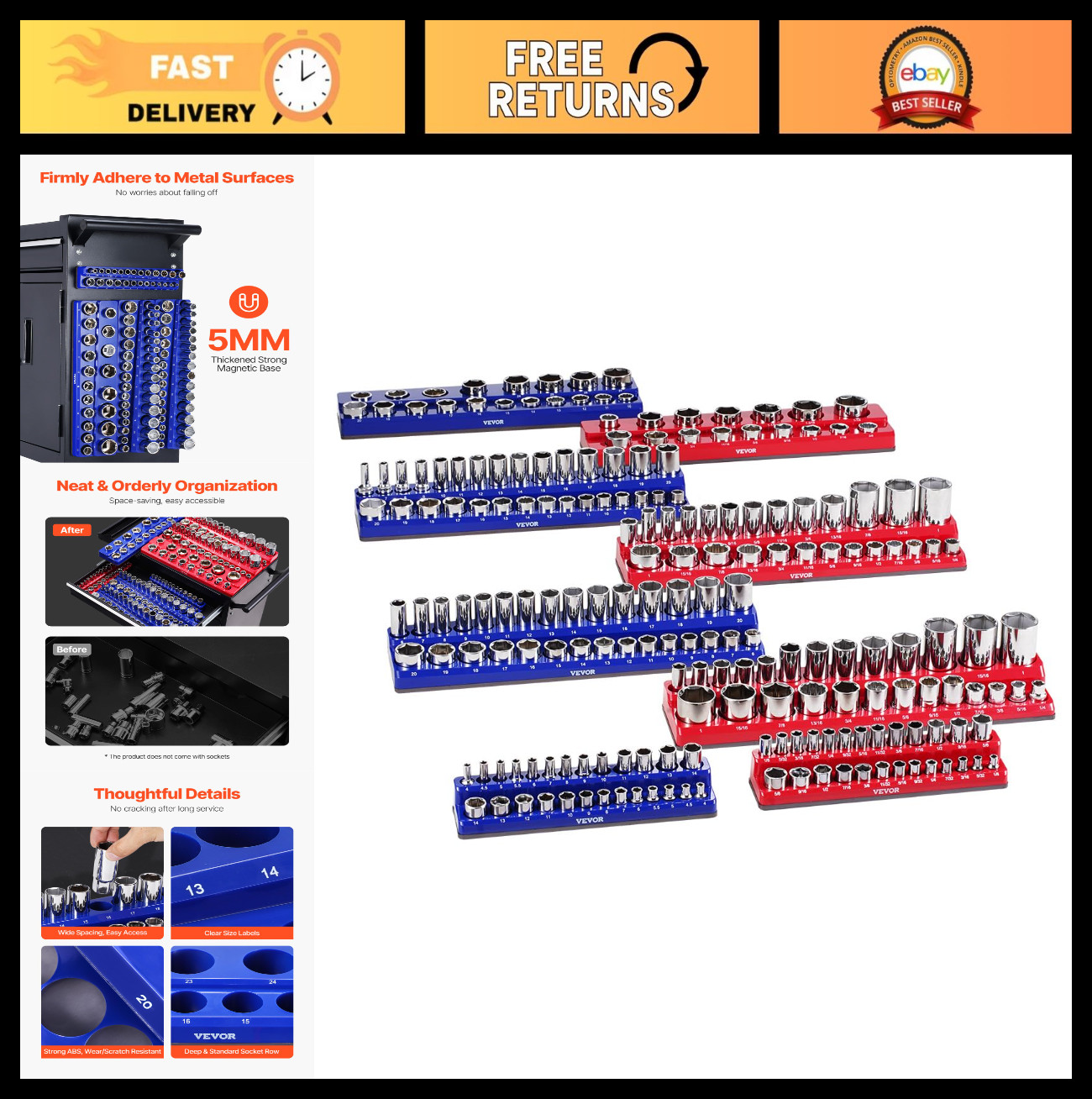Magnetic Socket Organizer Set - 8PC Holder for 1/4'', 3/8'', 1/2'' Sockets, Clea