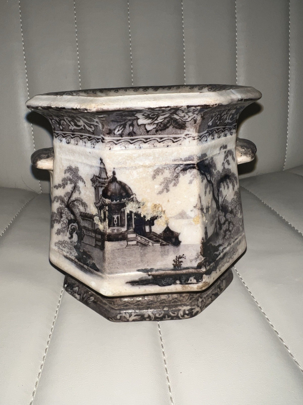 RARE Ironstone Antique Ceramic Hexagonal Planter Black & White Architectural