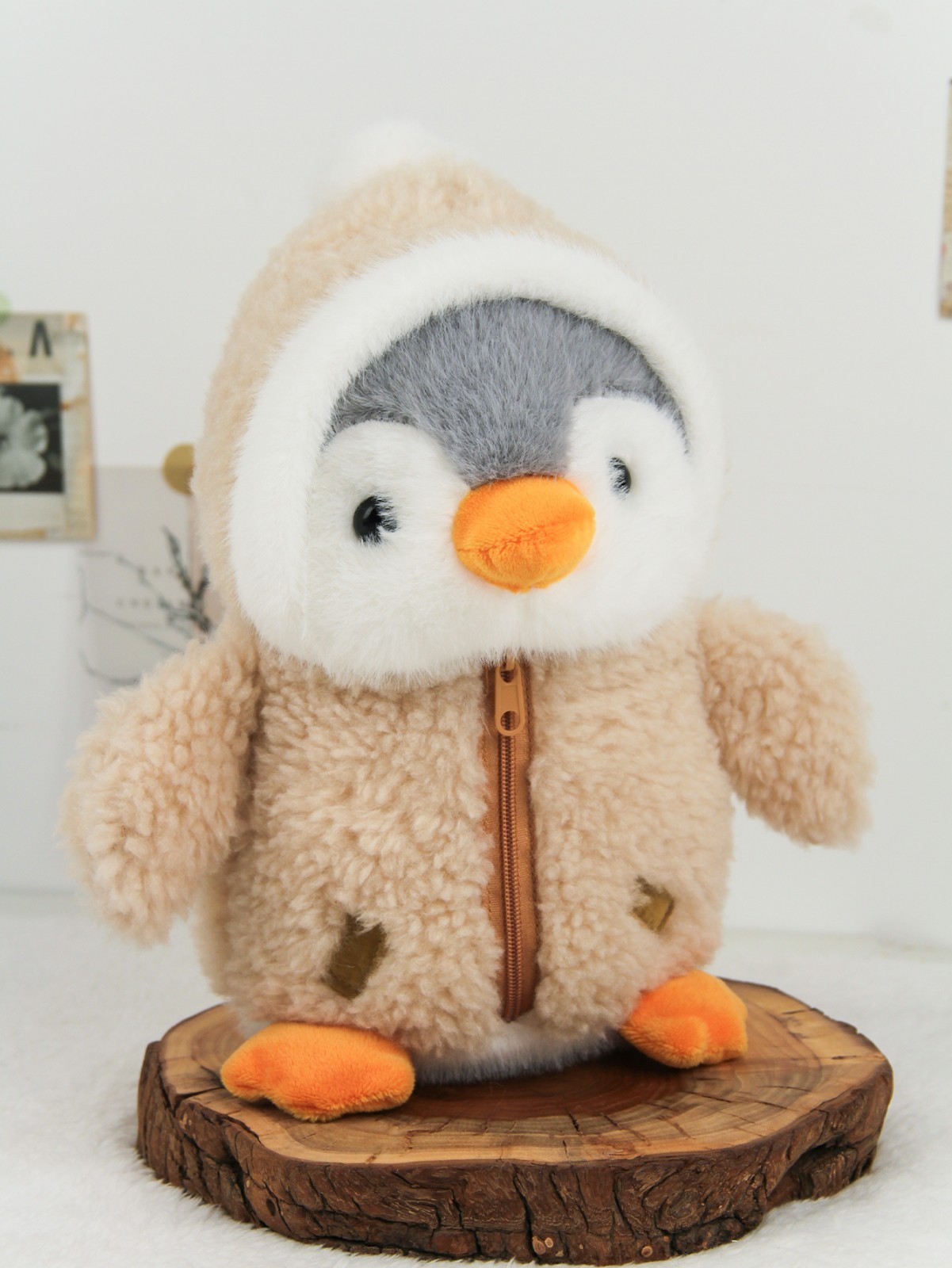 9.45×5.91 Inch Beige Hooded Penguin Plush Zip Jacket Stuffed Animal Soft Kawaii