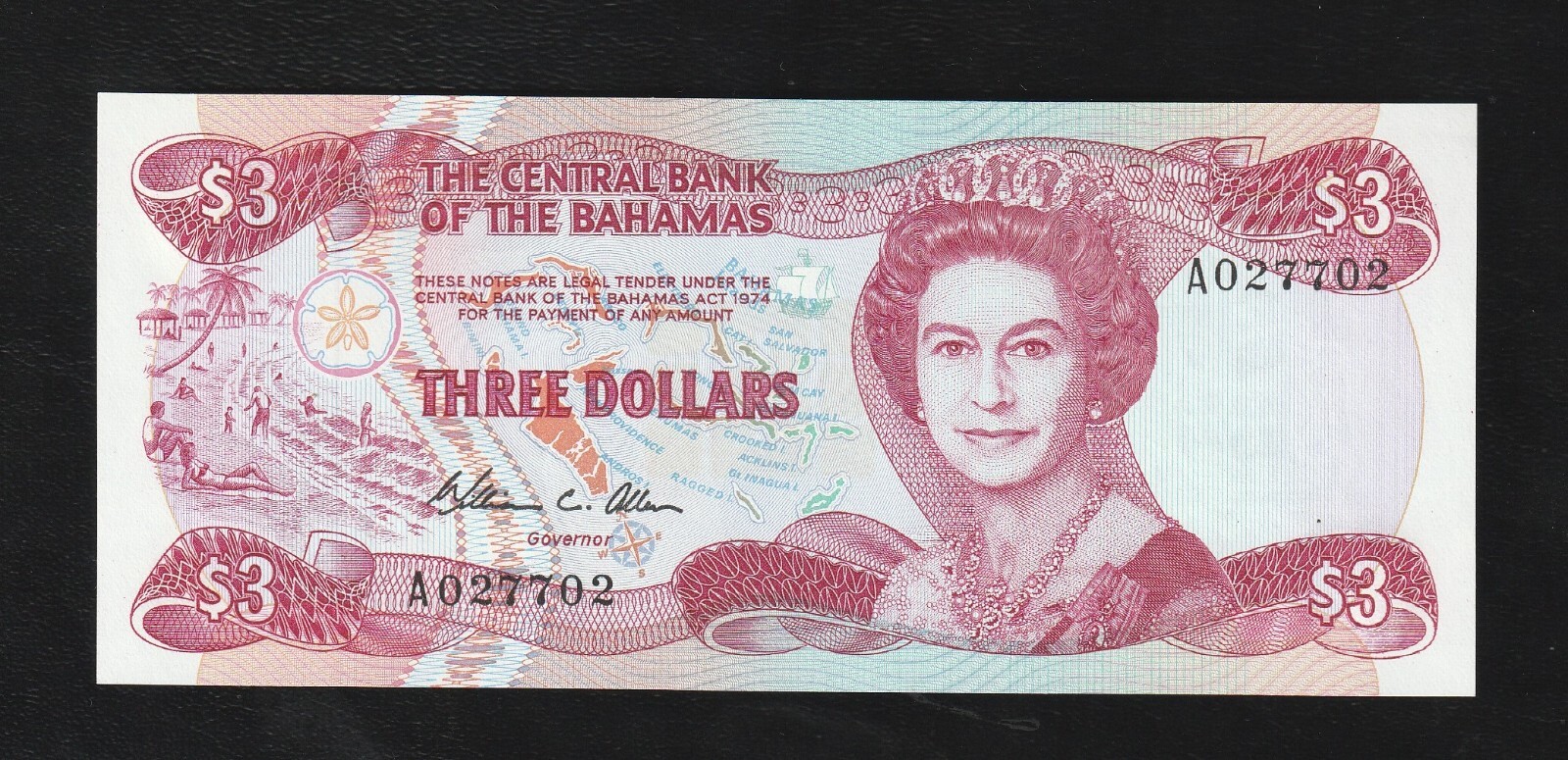 Bahamas, 3 Dollars, 1974, P 44, QU II UNC Banknote, Serie-A02