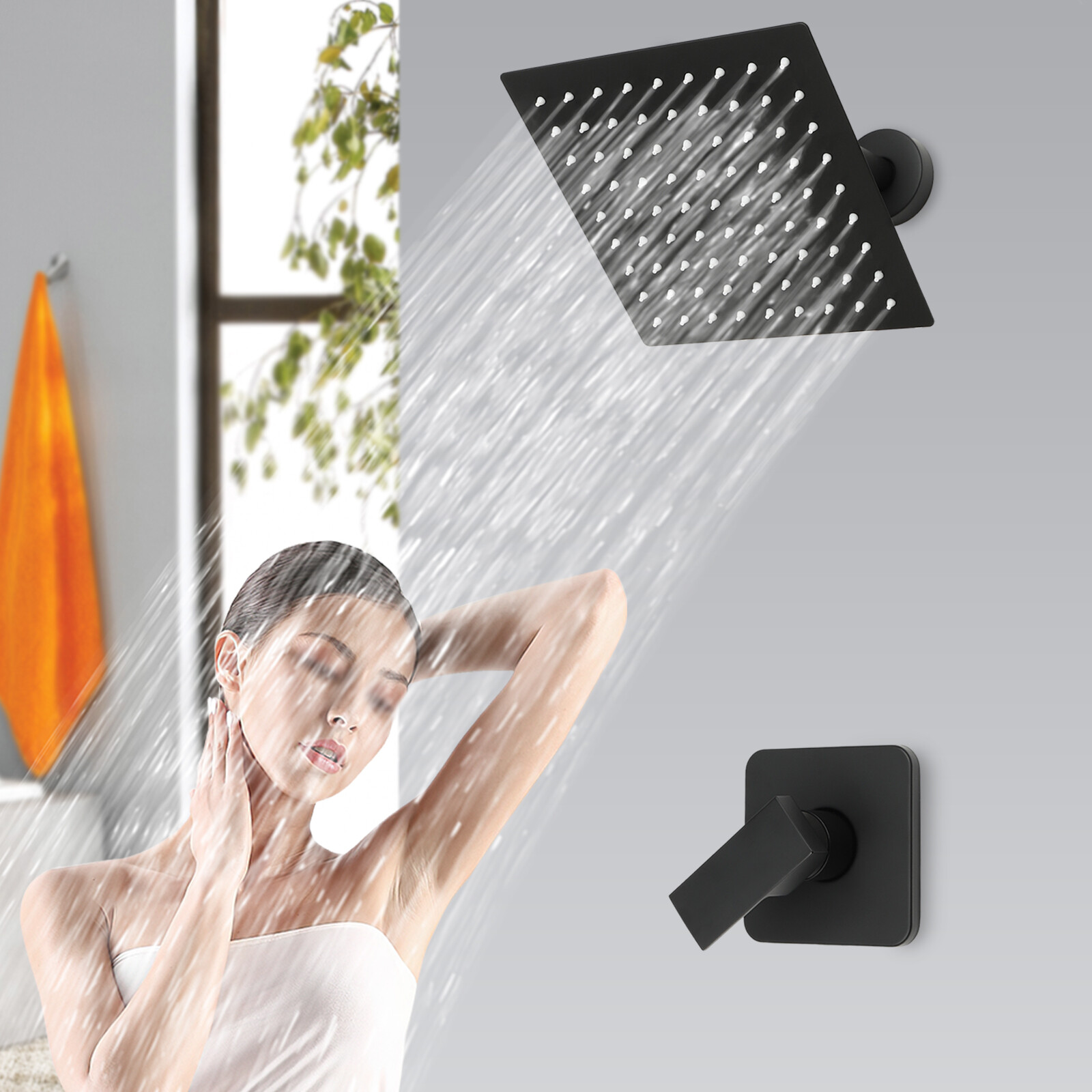 8" Black Shower Faucet Set Bathroom Rain Shower System Shower Trim Kit w/ Valve