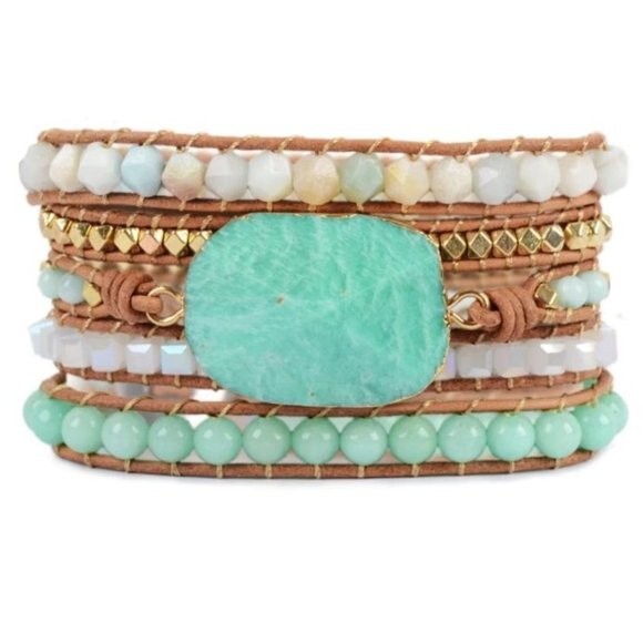 NEW Handmade Bohemian 5X Leather Wrap Bracelet Faceted Amazonite Natural Stones