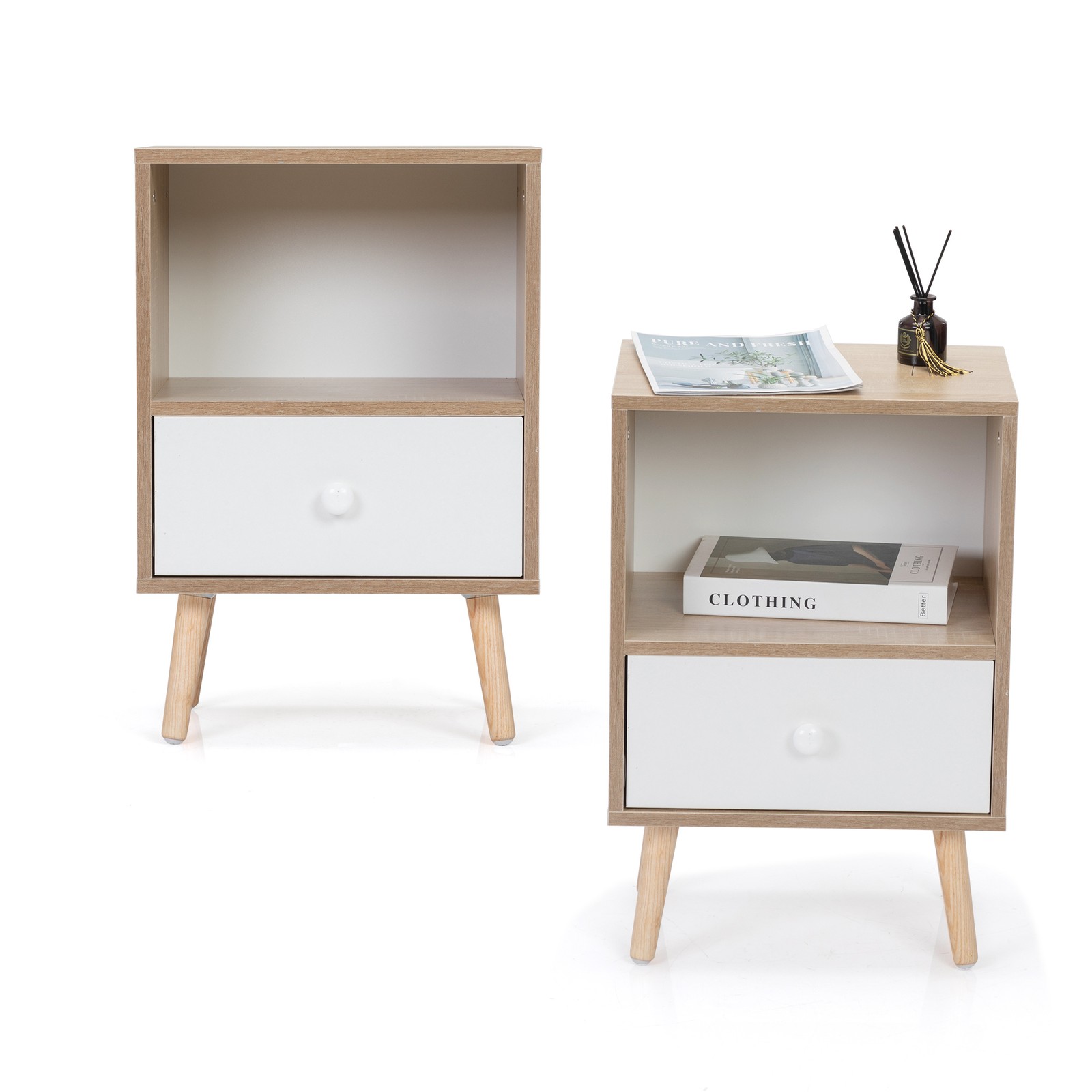 Mid-Century Wood Nightstand Set of 2, Bed Sofa Side Table with Drawer and Shelf,