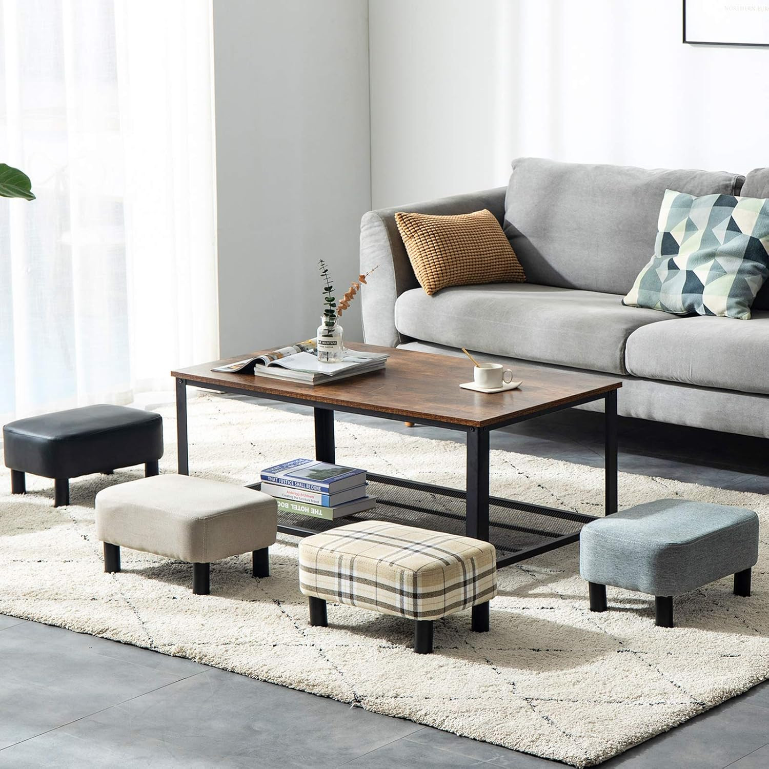 16.54" Small Footstool, Linen Fabric Pouf, with Padded Seat Pine Wood Legs and P