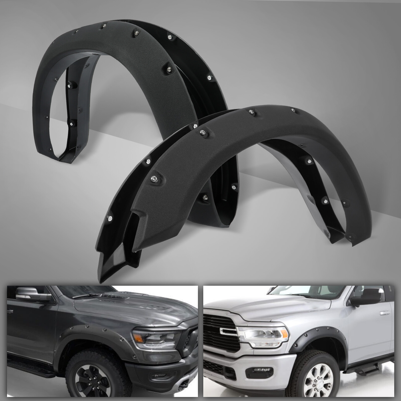 For 2009-2023 Dodge RAM 1500 Black Pocket Rivet Wheel Fender Flares Bolt Style