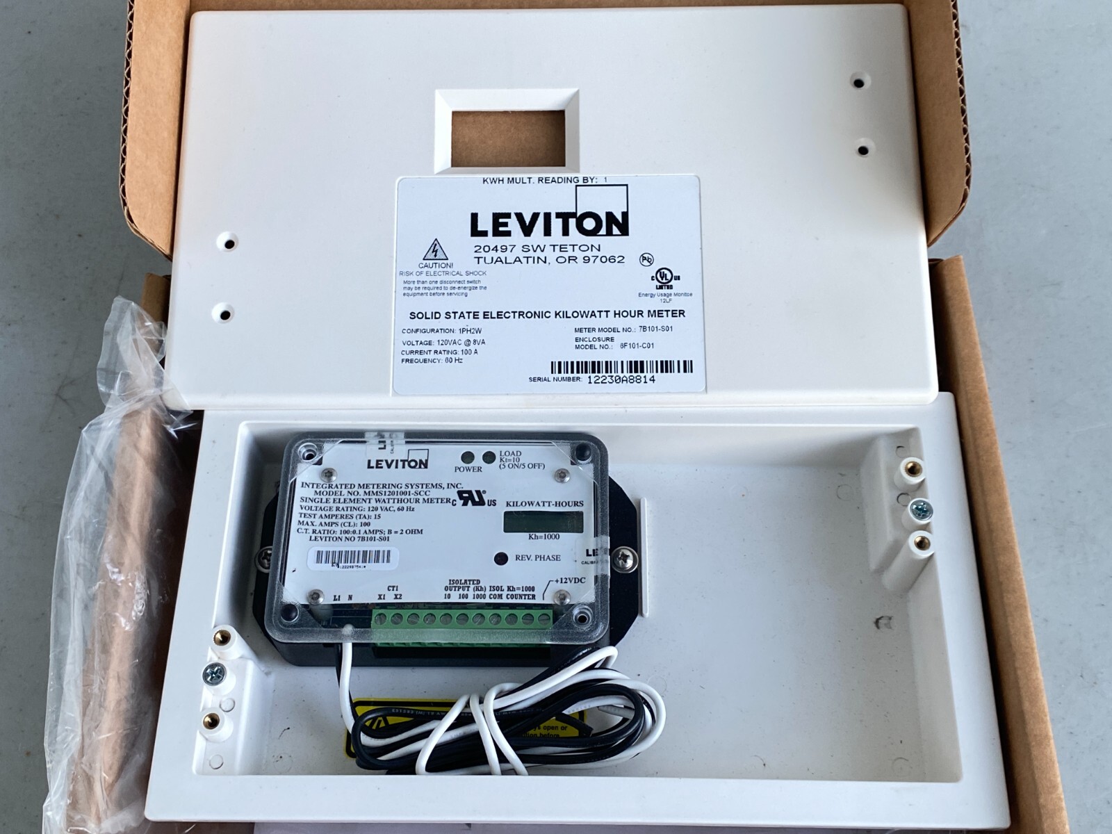 Leviton 6F101-C01 Single Element Sub-Meter in Flush Mount Enclosure, 1P/2W, 100A