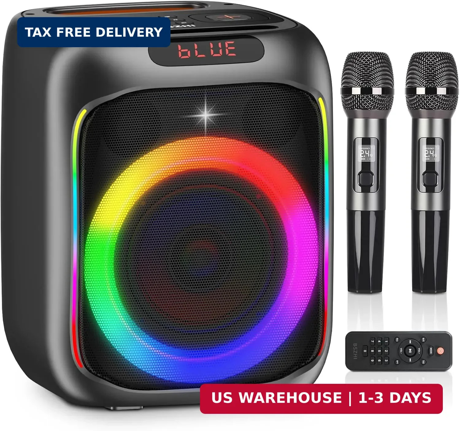 Karaoke Machine with 2 Wireless Microphones, 80W Portable Bluetooth Speaker, Par