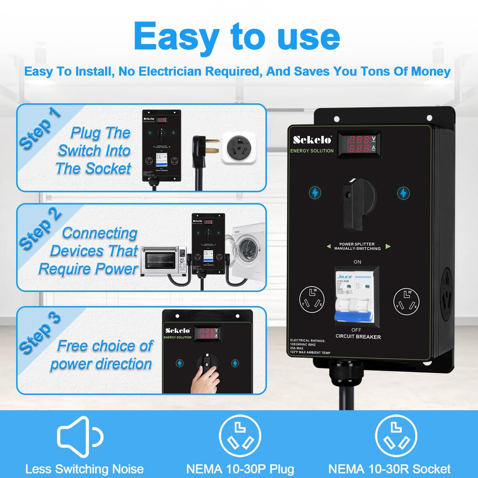 Manual EV Charging Switch for Dryer & EV, NEMA 10-30, Durable Hand-Operated S...