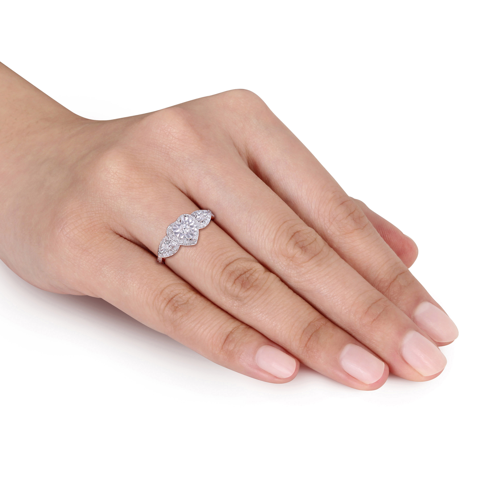 Amour Sterling Silver 1/3CT TDW Diamond Triple Heart Halo Engagement Ring
