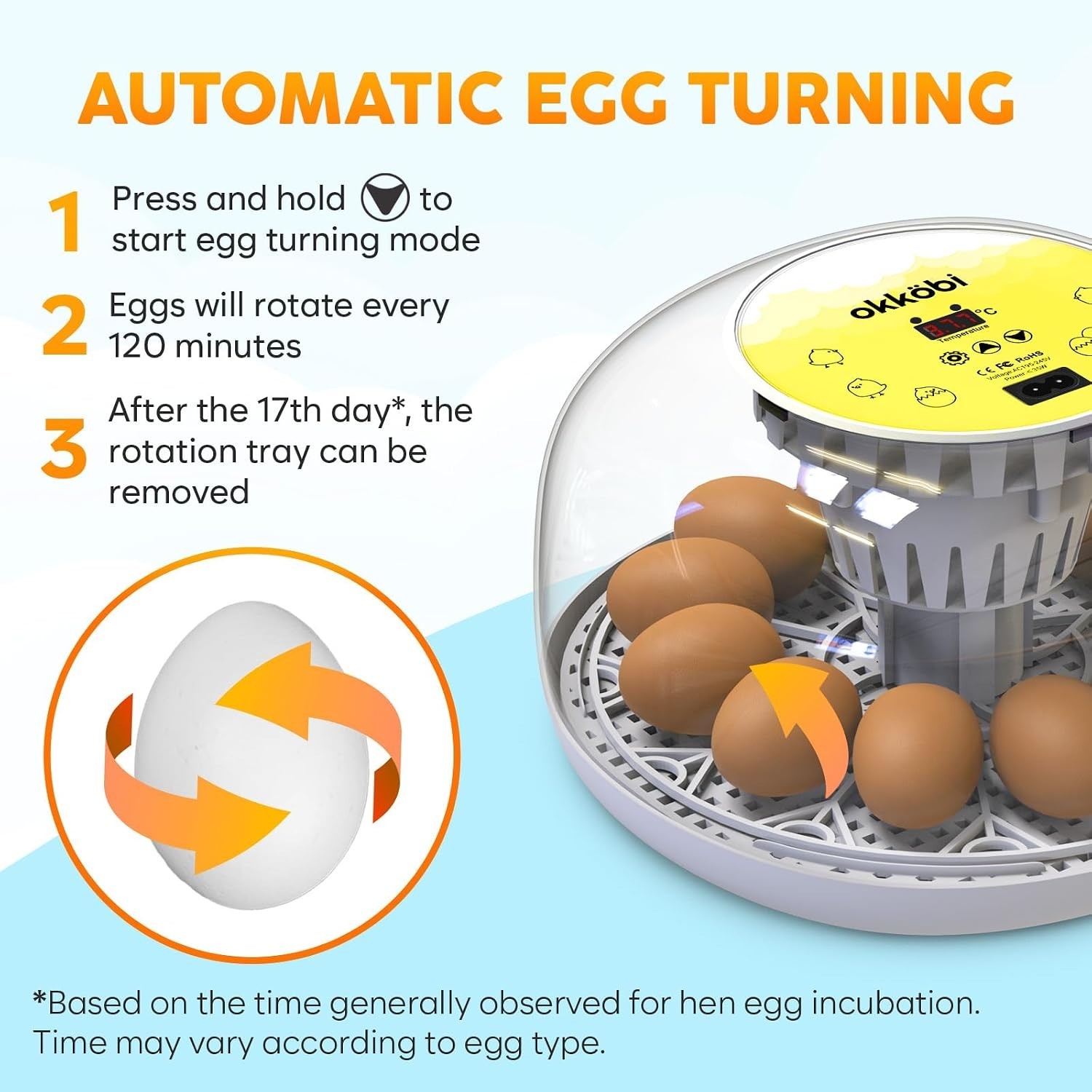 Okkobi M12 Egg Incubator with Automatic Turner and Humidity Control - 12/24 E...