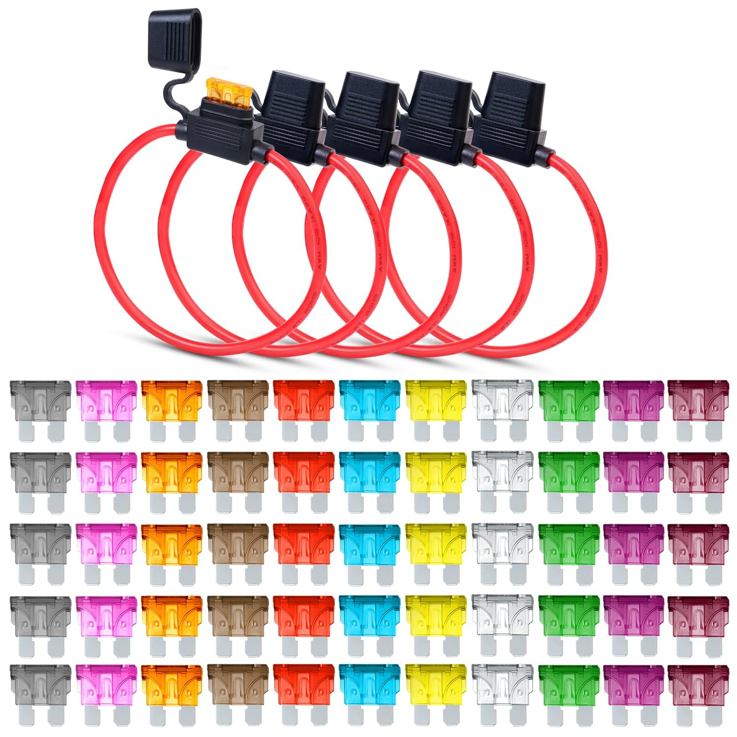 Pack of 5 Inline Fuse Holder 14AWG 1FT – Heavy Duty Automotive Blade Fuse Hold
