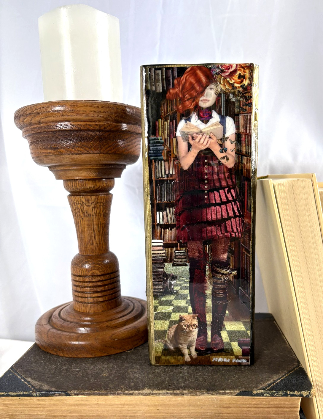 Unique Art Collage Girl Books Cat Mari Pruks Wood Decor