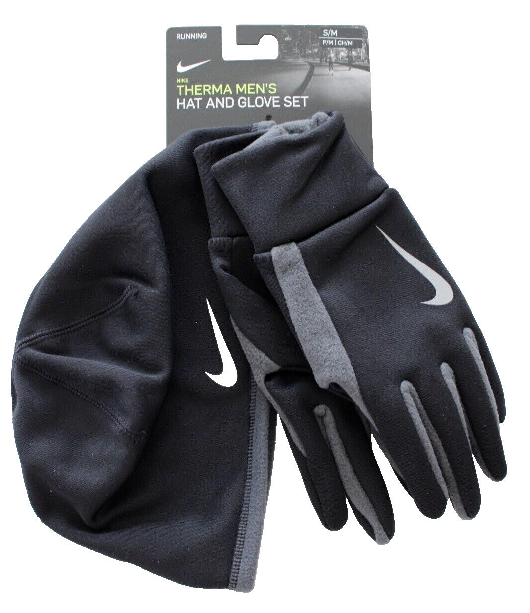Nike Thermal Beanie Hat and Gloves Set Men's S/M Running Black/Silver