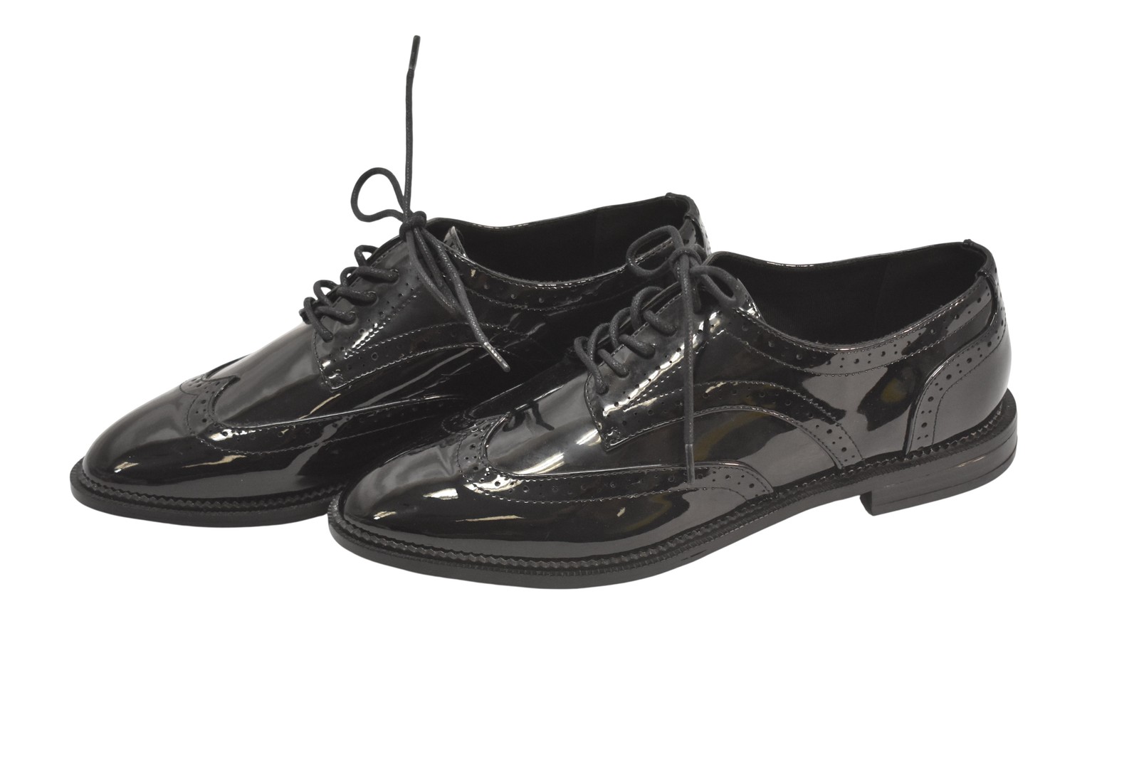 ASOS Oxford Shoes Womens 9 Black Patent Wingtip Lace Up Flats Dress Almond Toe