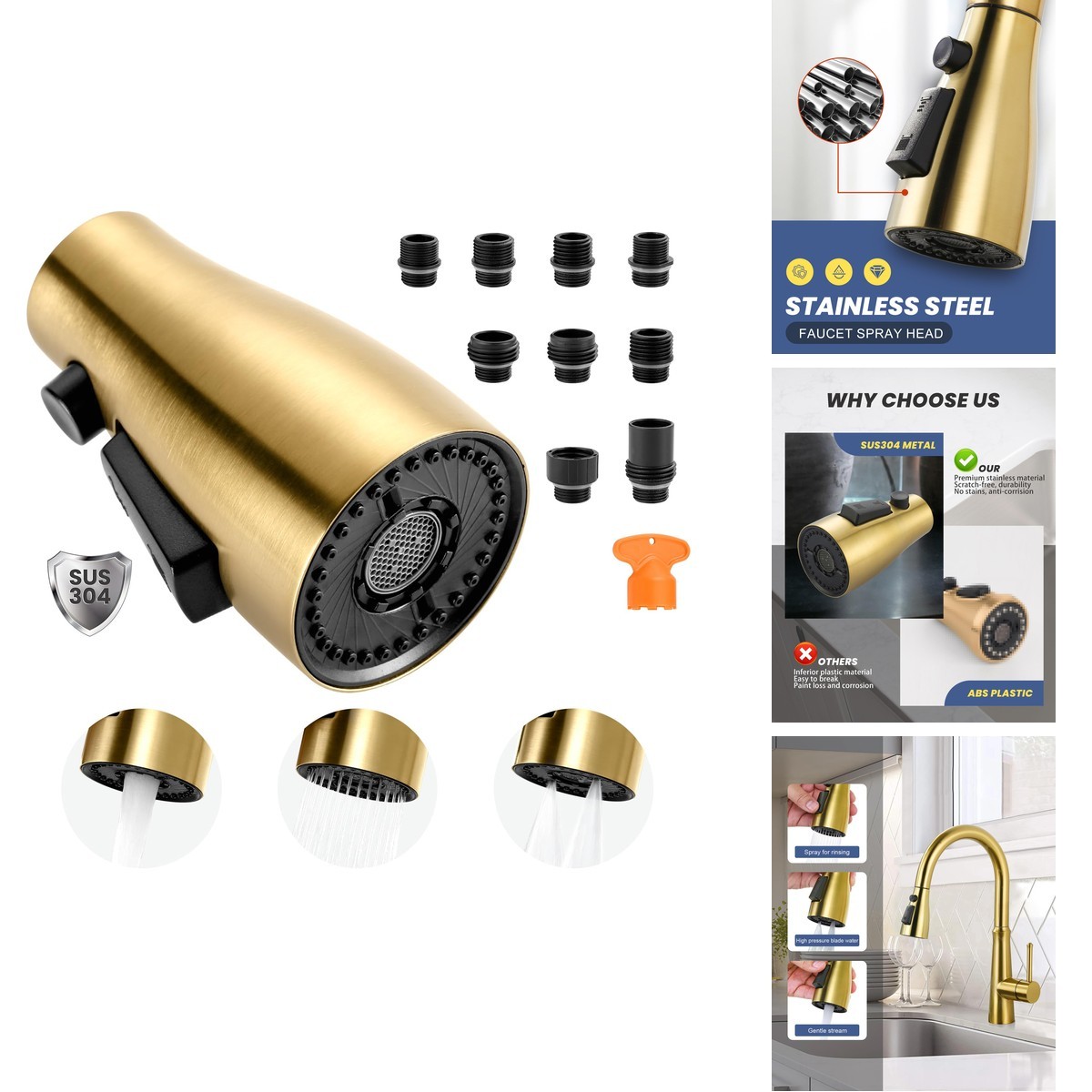 ARCORA Metal Kitchen Faucet Head Replacement 3-Function Pull Down Spray Nozzle