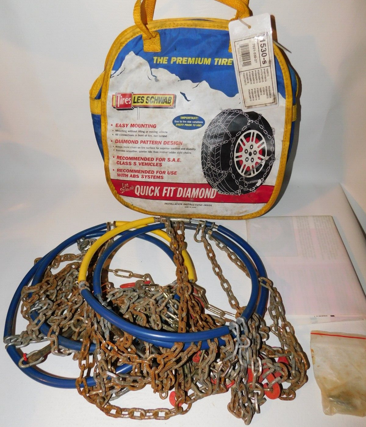 1530-s Les Schwab Quick Fit Diamond Pattern Tire Snow Chains, 1 pair - Used