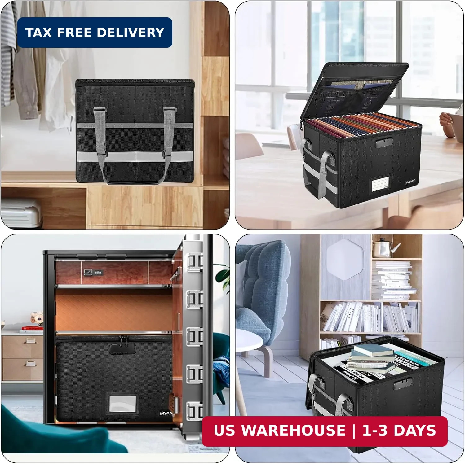 File Box with Lock,Fireproof Document Box with Zipper&Pockets,Collapsible