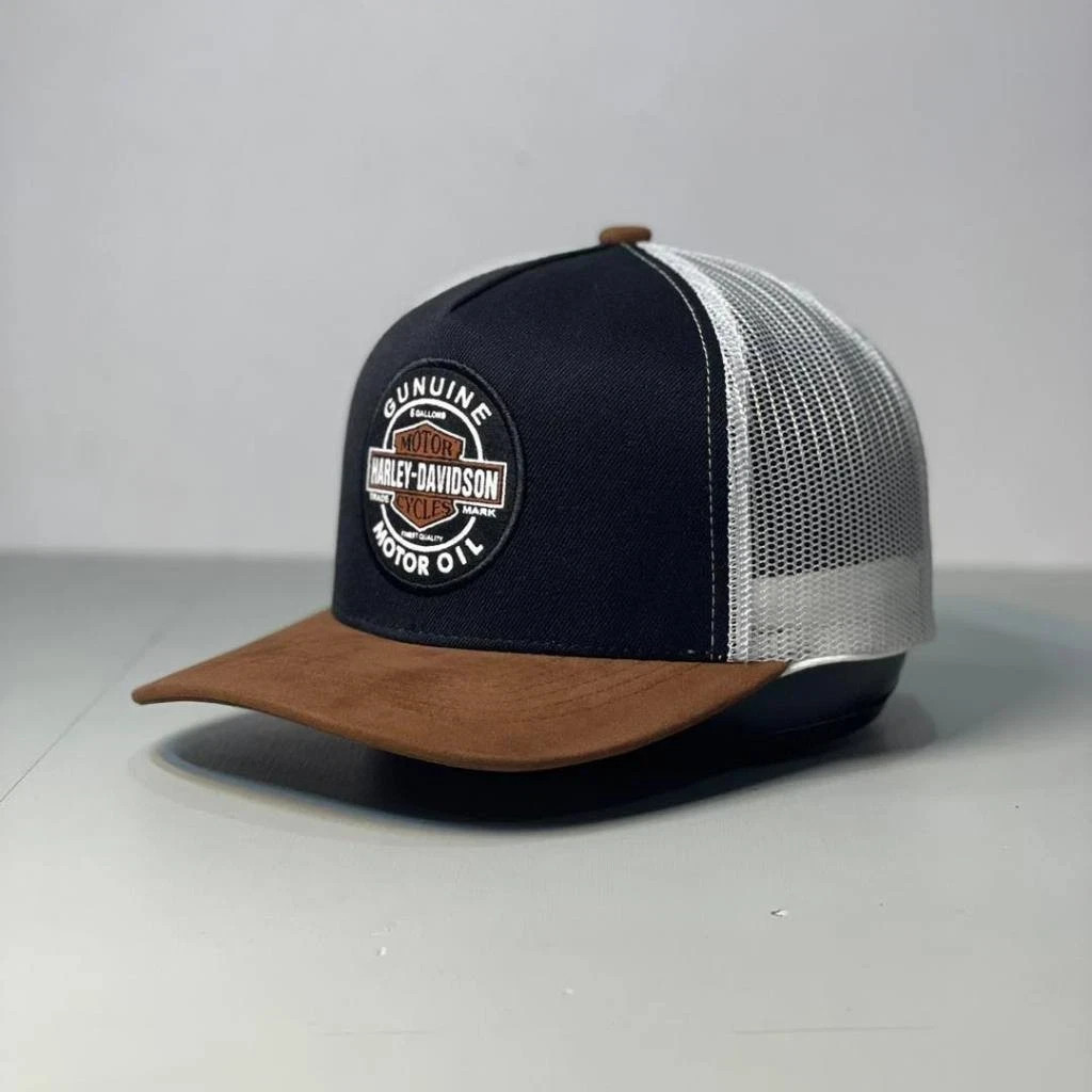 Harley Davidson Trucker Hat Motor Oil Embroidered Patch Black Brown Cap