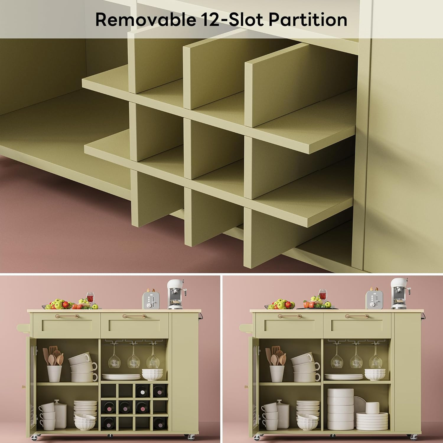 Green Rolling Kitchen Island with Power Outlet, Storage & Wine Racks