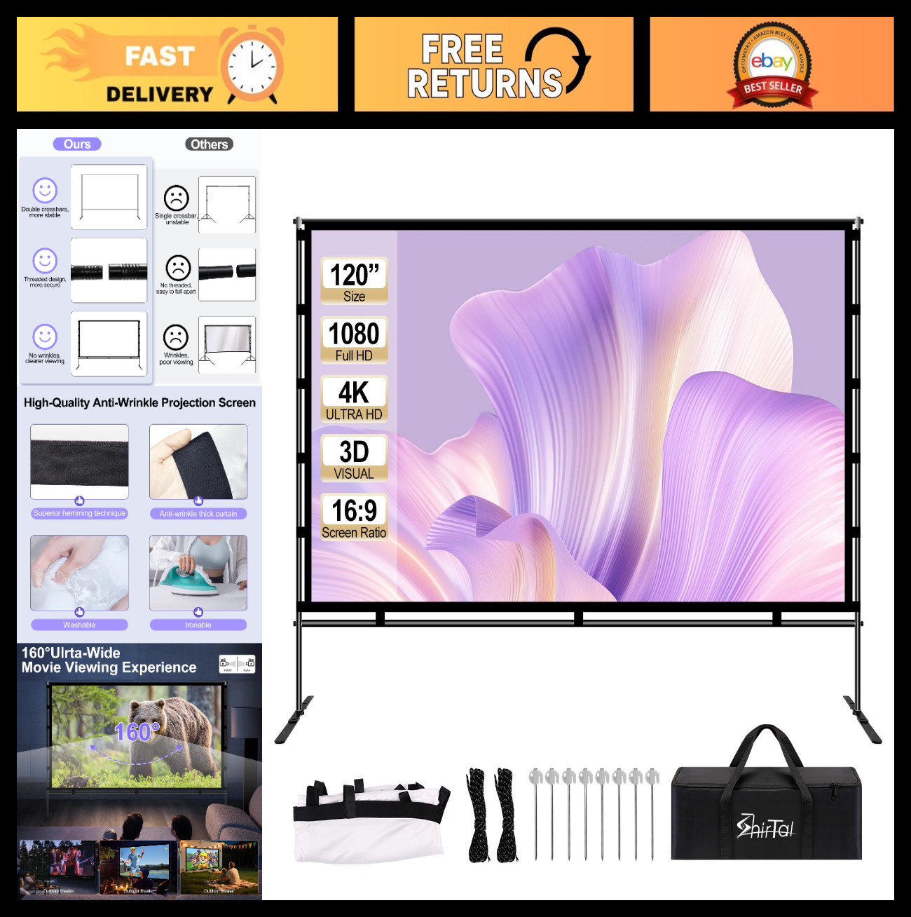 Portable 120" Projector Screen with Stand - 16:9 4K HD Anti-Crease for Home, Out