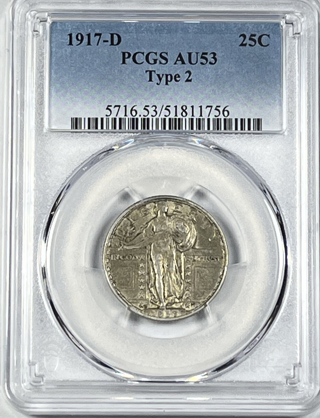 1917-D Type 2 Standing Liberty Quarter : PCGS AU53