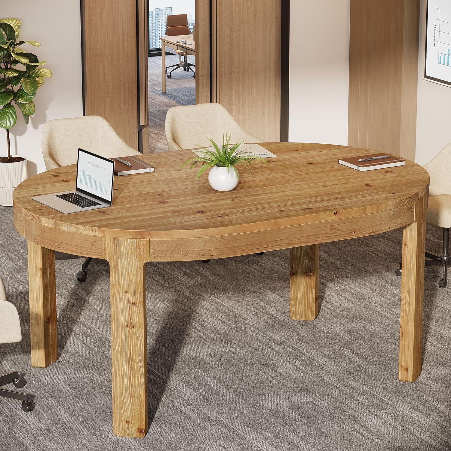55-Inch Solid Wood Oval Conference Table, Small Meeting Table for 4-6 Peoples