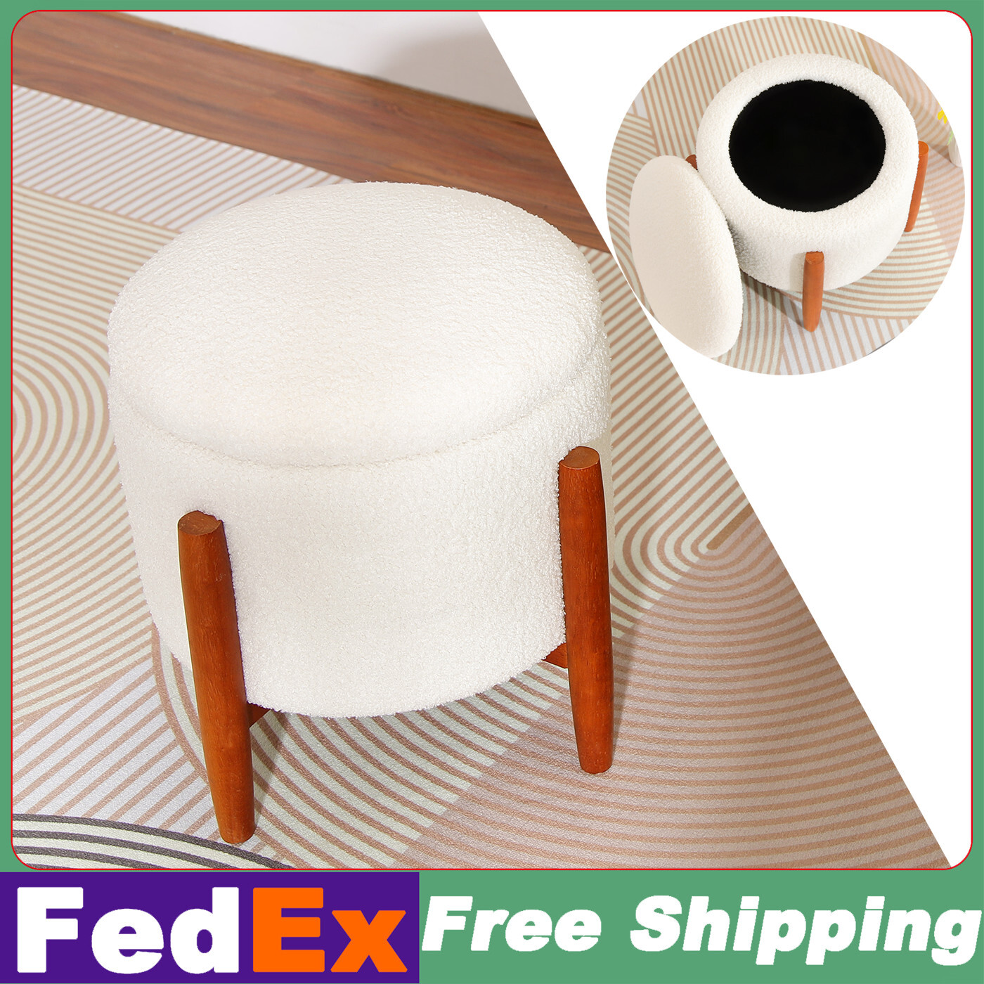 Livingroom Round Storage Ottoman Modern Teddy Velvet Footstool with Wood Legs