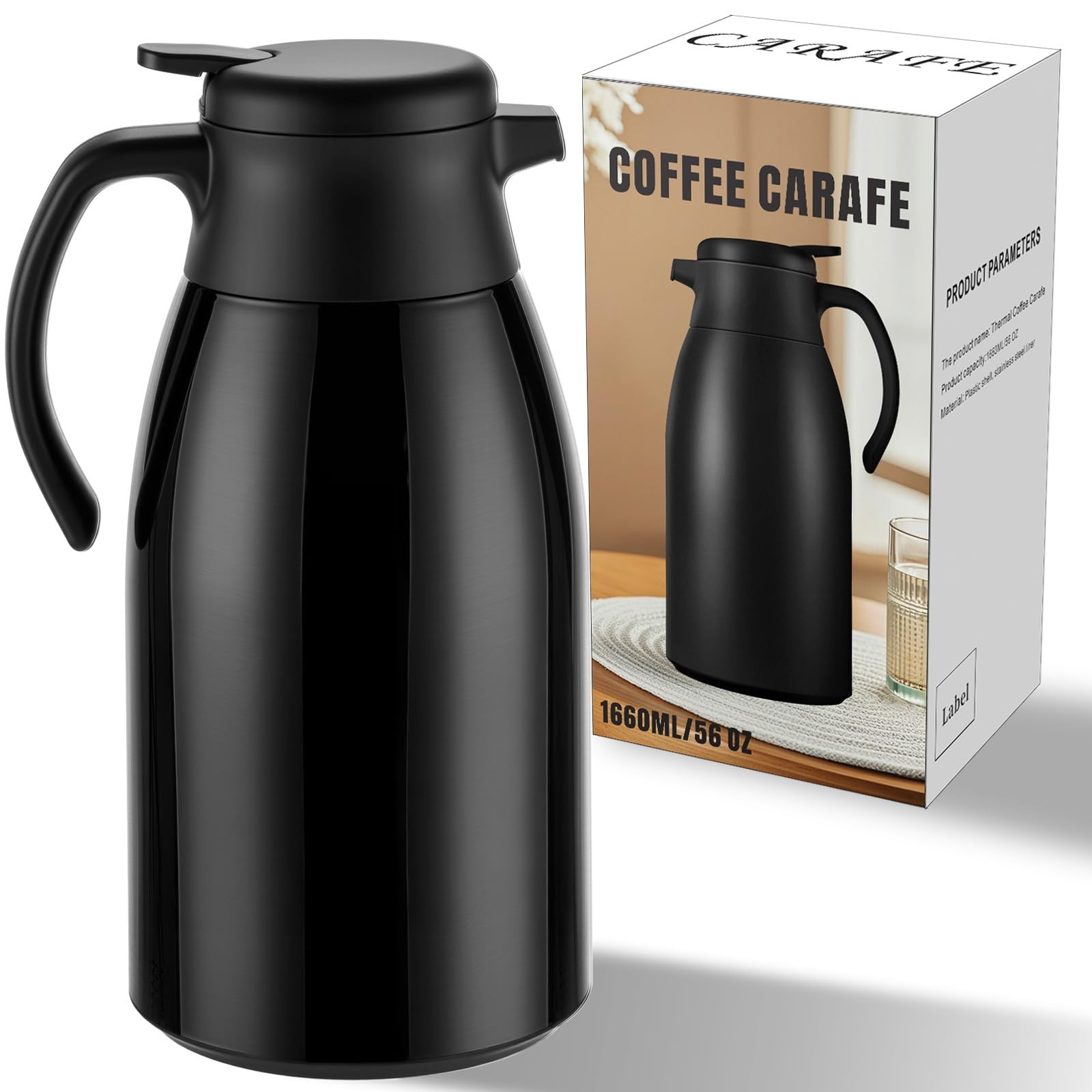 PARACITY Carafe, Insulated Coffee Carafe for 67.6 Ounces, 56OZ - Matte Black